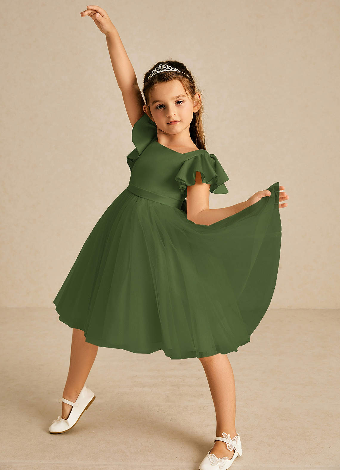 Azazie Kaeya Flower Girl Dresses Olive A-Line Bow Tulle Dress image1