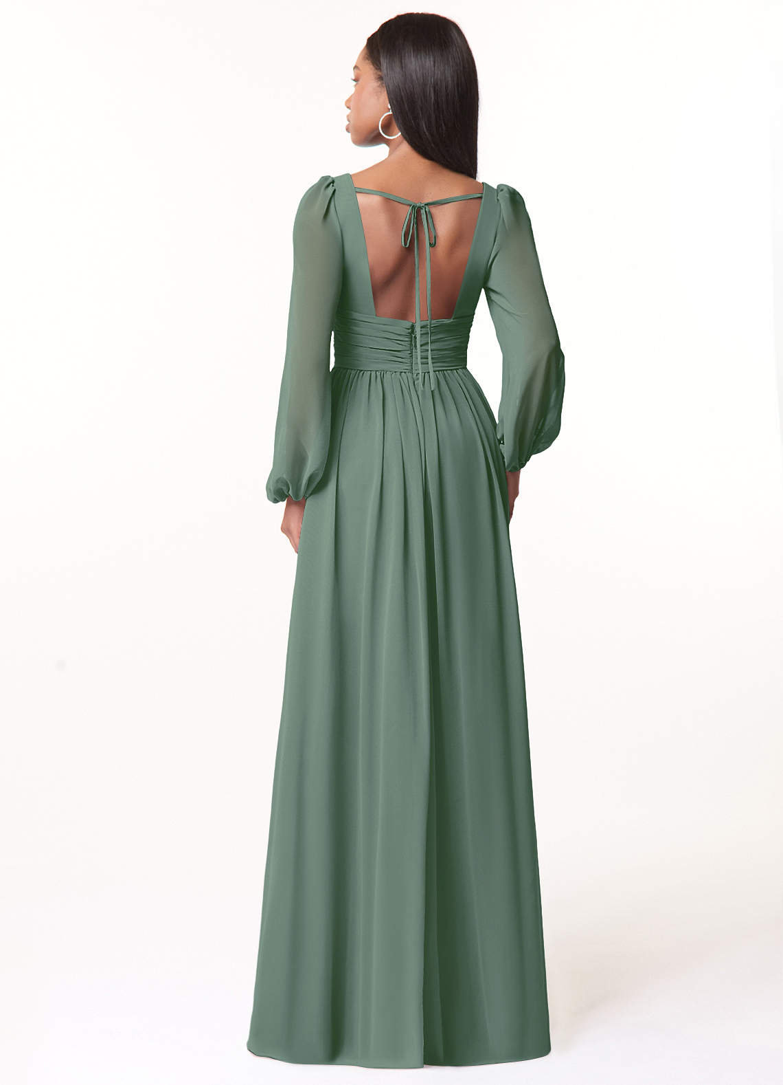 Azazie Norah Bridesmaid Dresses Eucalyptus A-Line V-Neck Long Sleeve Chiffon Dress image1