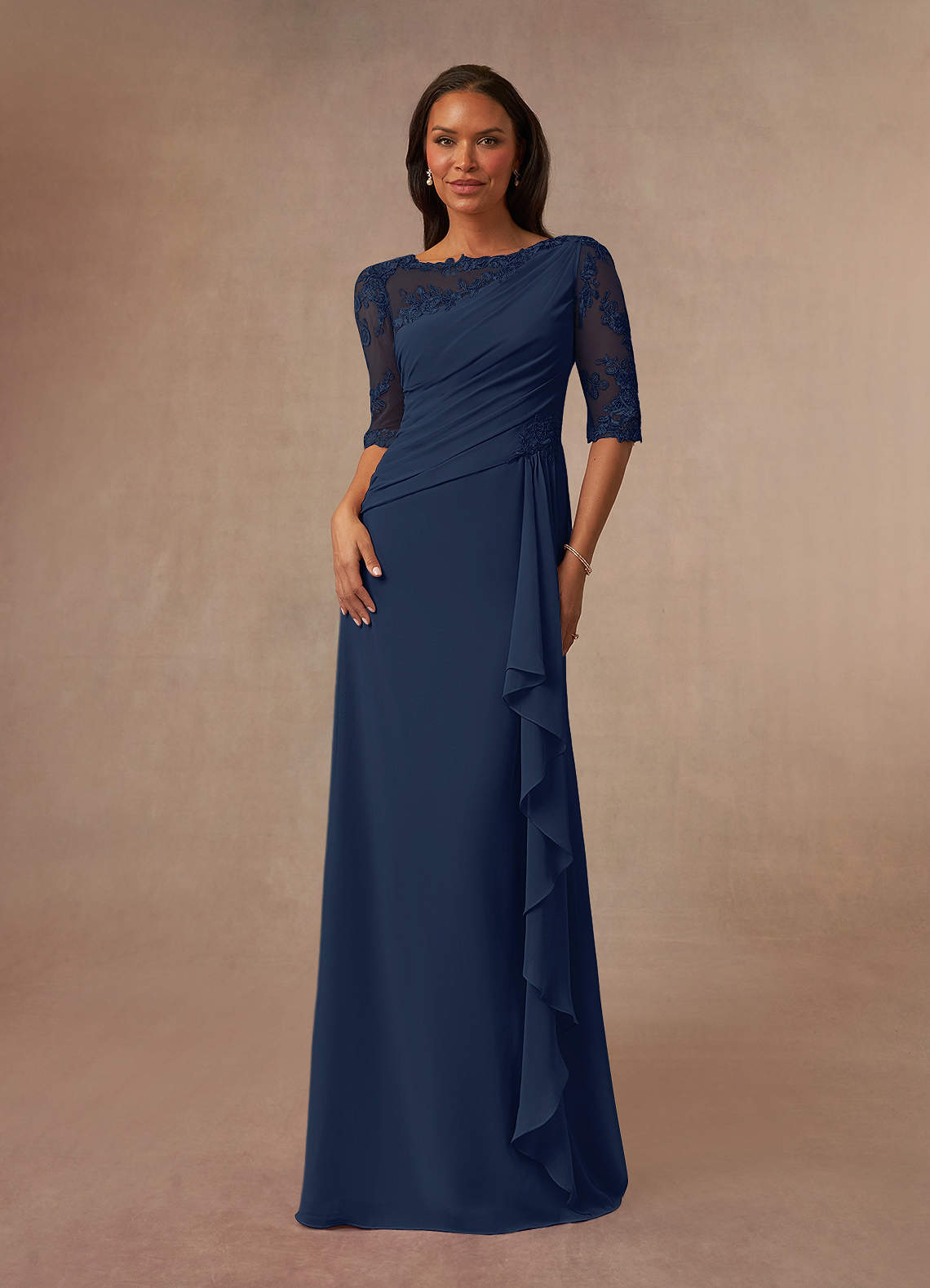 Azazie Dionysus Dark Navy A-Line Boatneck Lace Chiffon Dress Ready