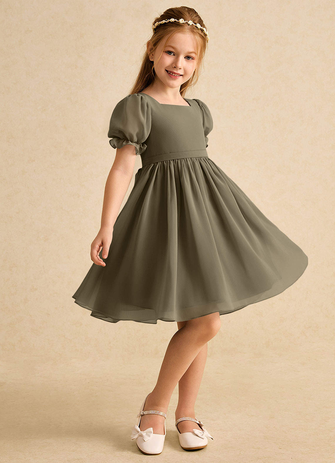 Azazie Jolie vestidos de niña de las flores Vestido de Verde Sauce de Gasa de Corte En A con Con mangas image1
