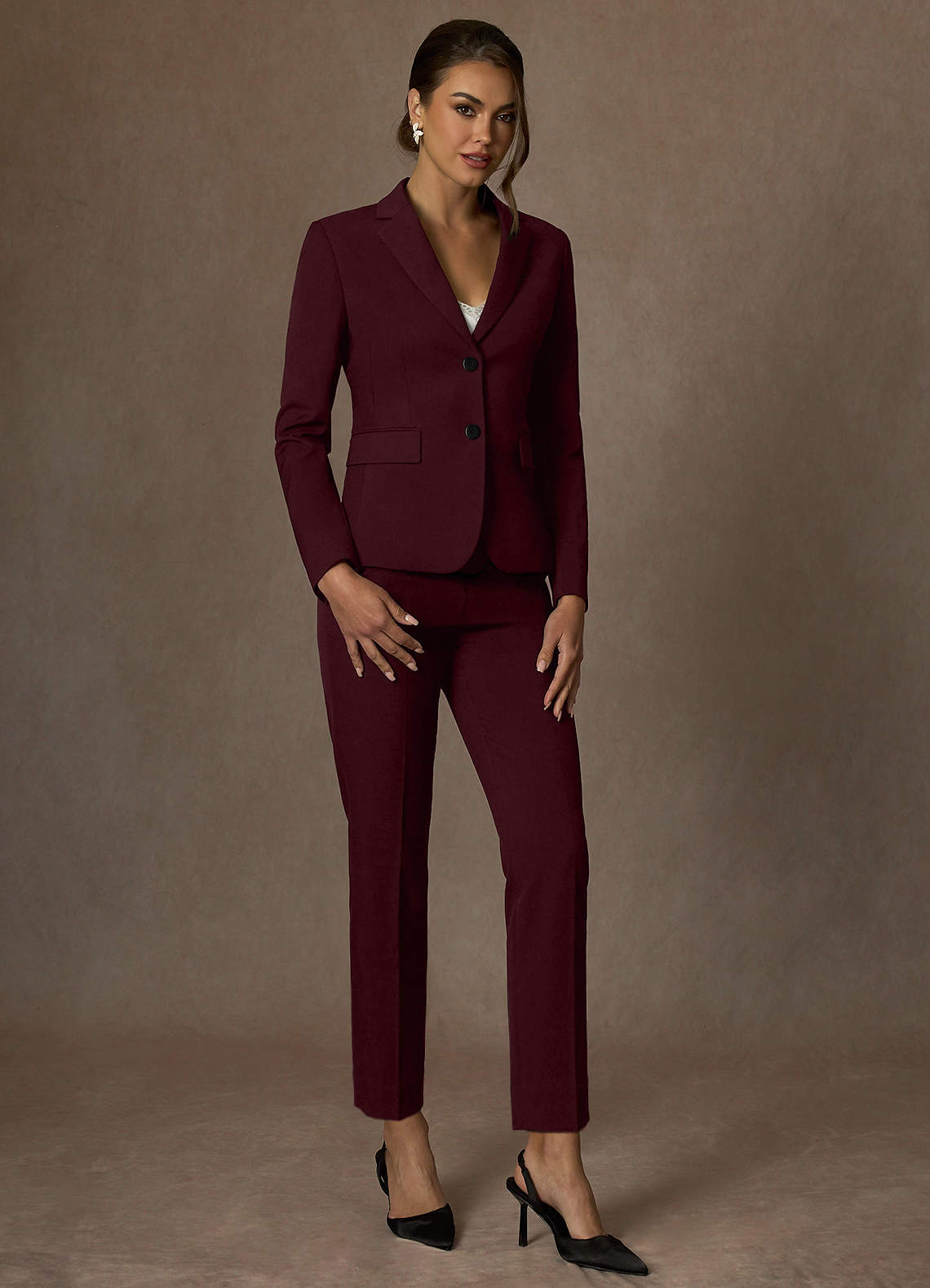 front Whitney Cabernet Structured Stretch Full Length Pants Suit