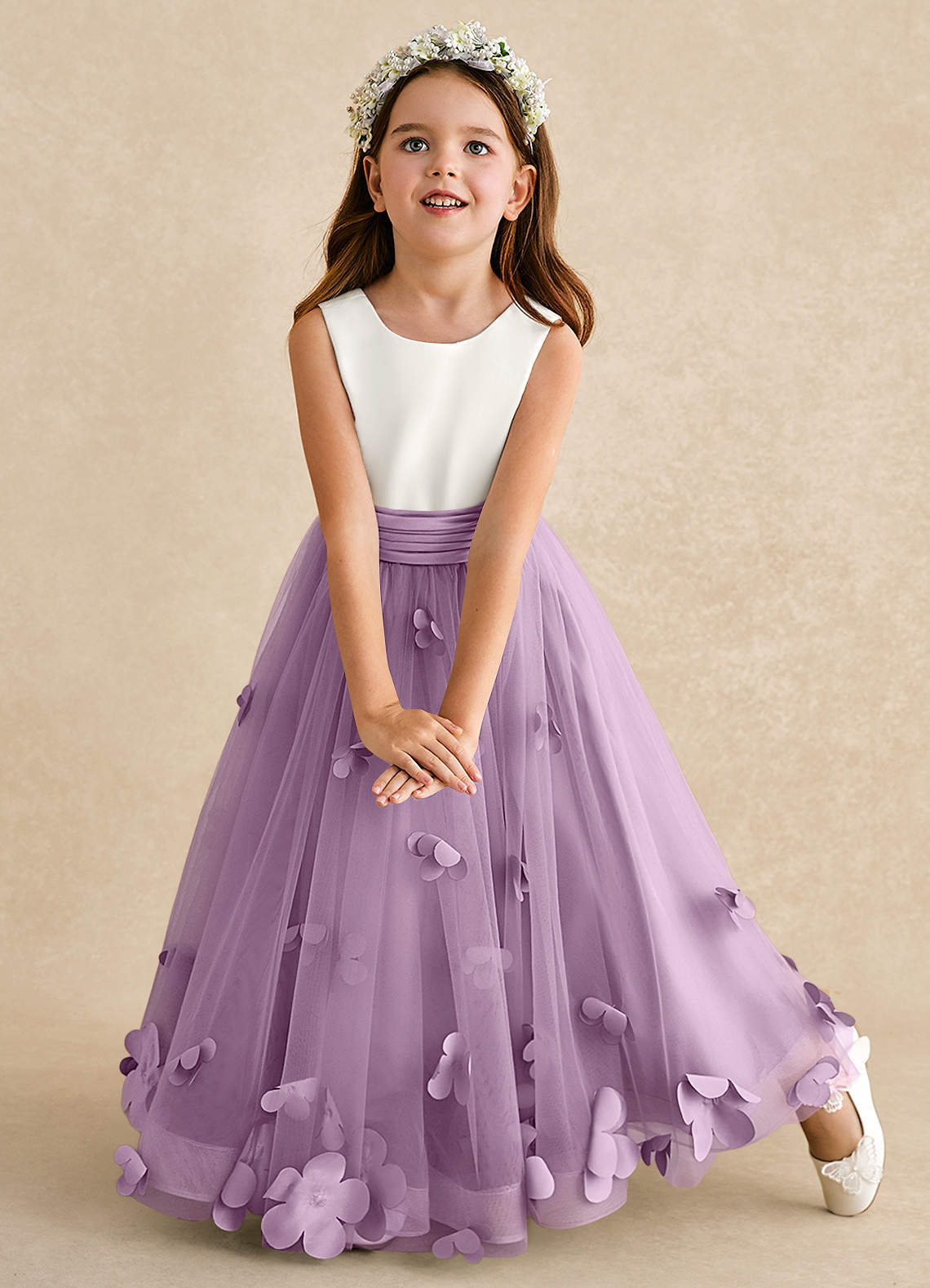 Azazie Vi Robe Demoiselle D'honneur Fillette Robe Trapèze en Tulle Sans manches Glycine image5