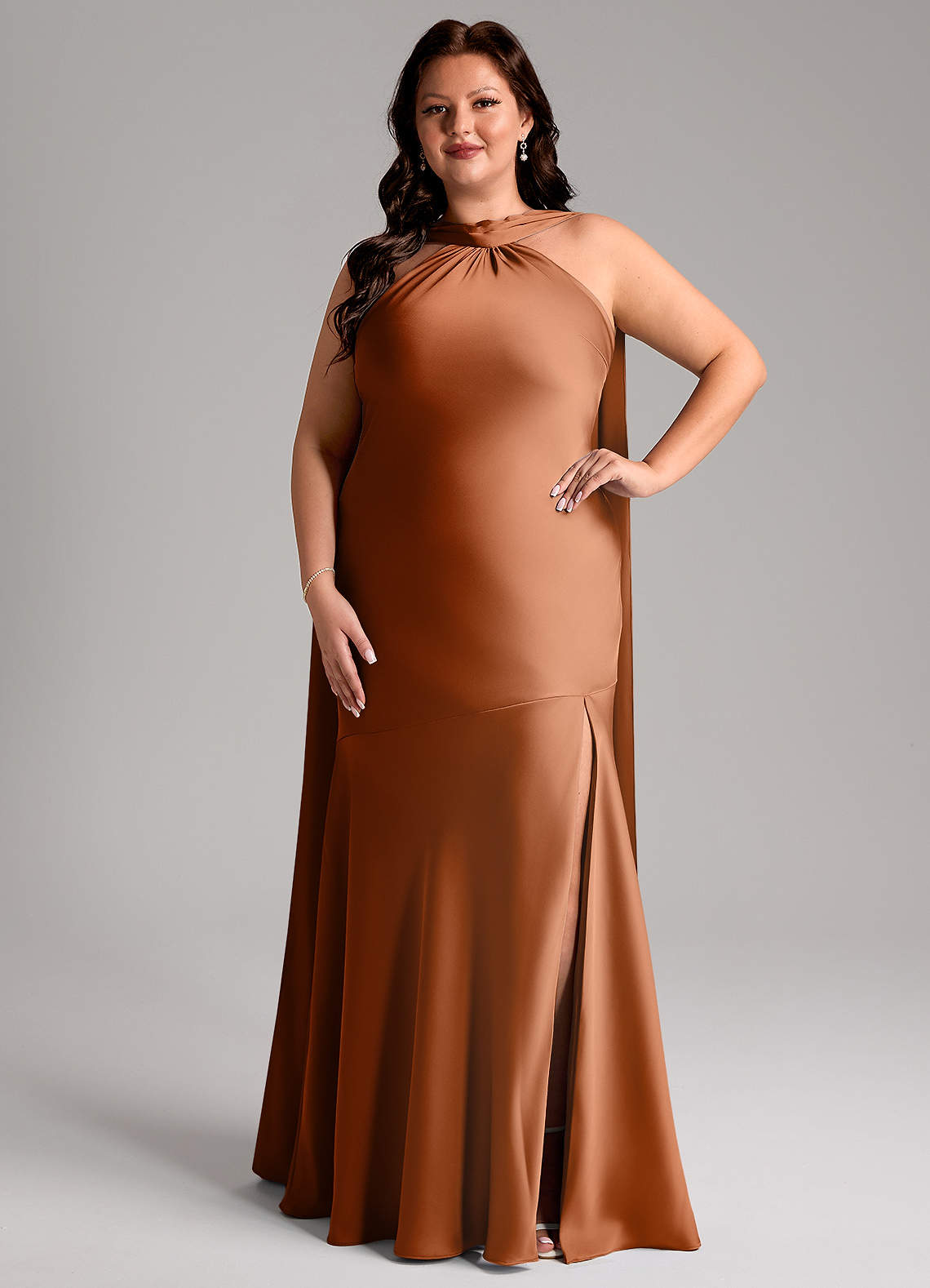 Azazie Kinsley Bridesmaid Dresses Copper Mermaid Side Slit Stretch Satin Dress image1