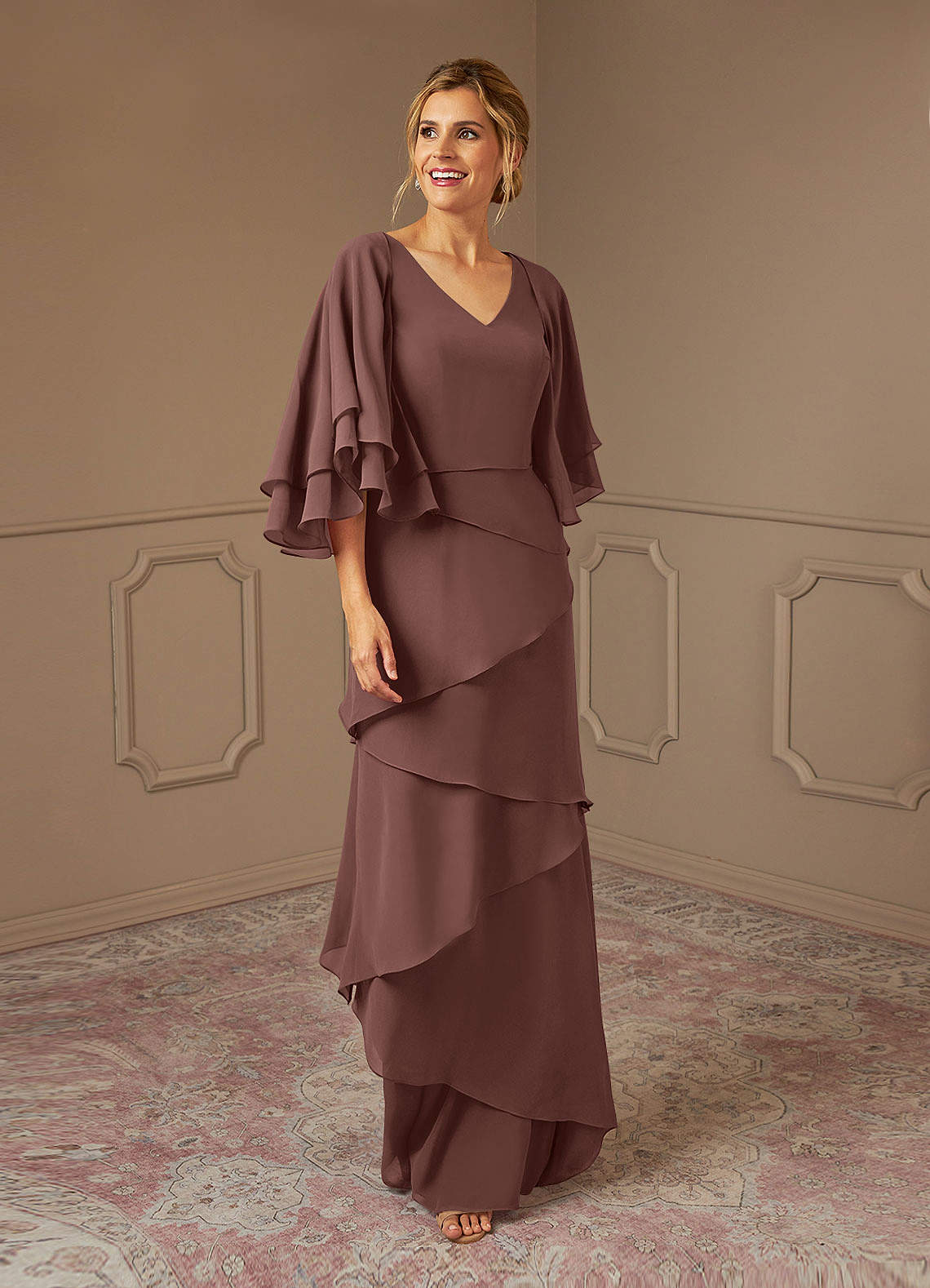 Azazie OHara Abiti per la Madre della Sposa Abito A-Line in Chiffon con Scollo a V Espresso image1
