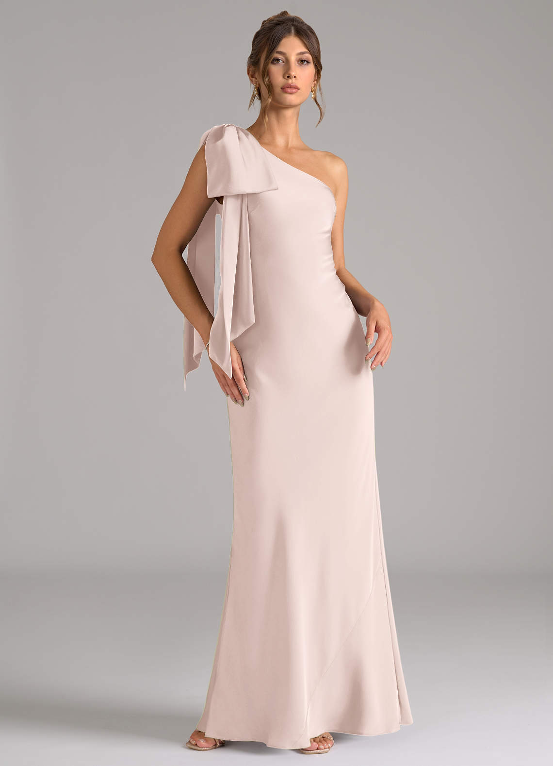 Azazie Capri Bridesmaid Dresses Blushing Pink Mermaid One Shoulder Stretch Satin Dress image1