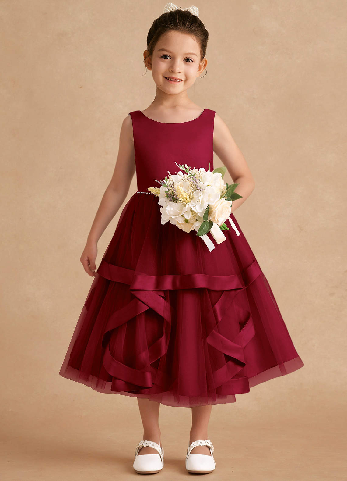 Azazie Posy Flower Girl Dresses Burgundy A-Line Beaded Tulle Dress image3