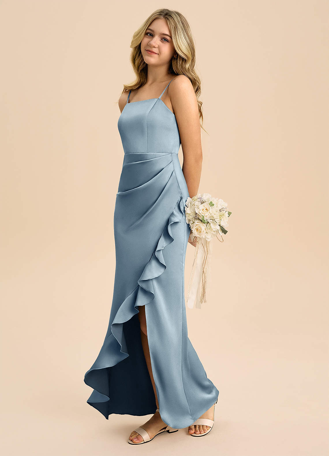 Azazie Buzzy Junior Dusty Blue Sheath Pleated Stretch Satin Dress image5