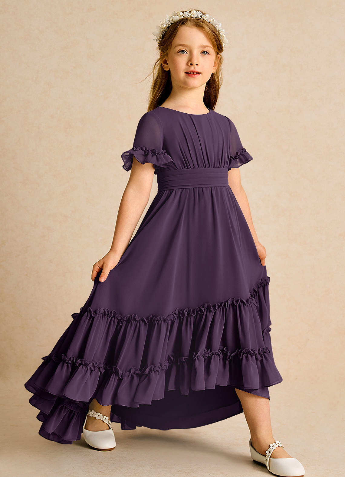 Azazie Kass Flower Girl Dresses Plum A-Line Pleated Chiffon Dress image1