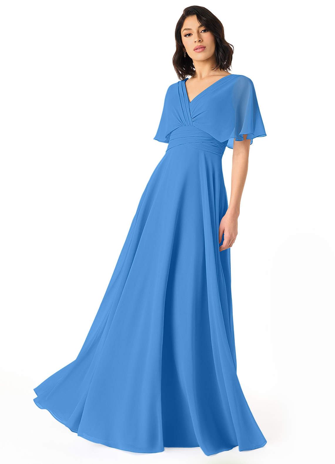 Azazie Pamela Vestidos de damas de honor Vestido de Azul Grisaceo de Gasa de Corte en A con Cuello en V plisado image1