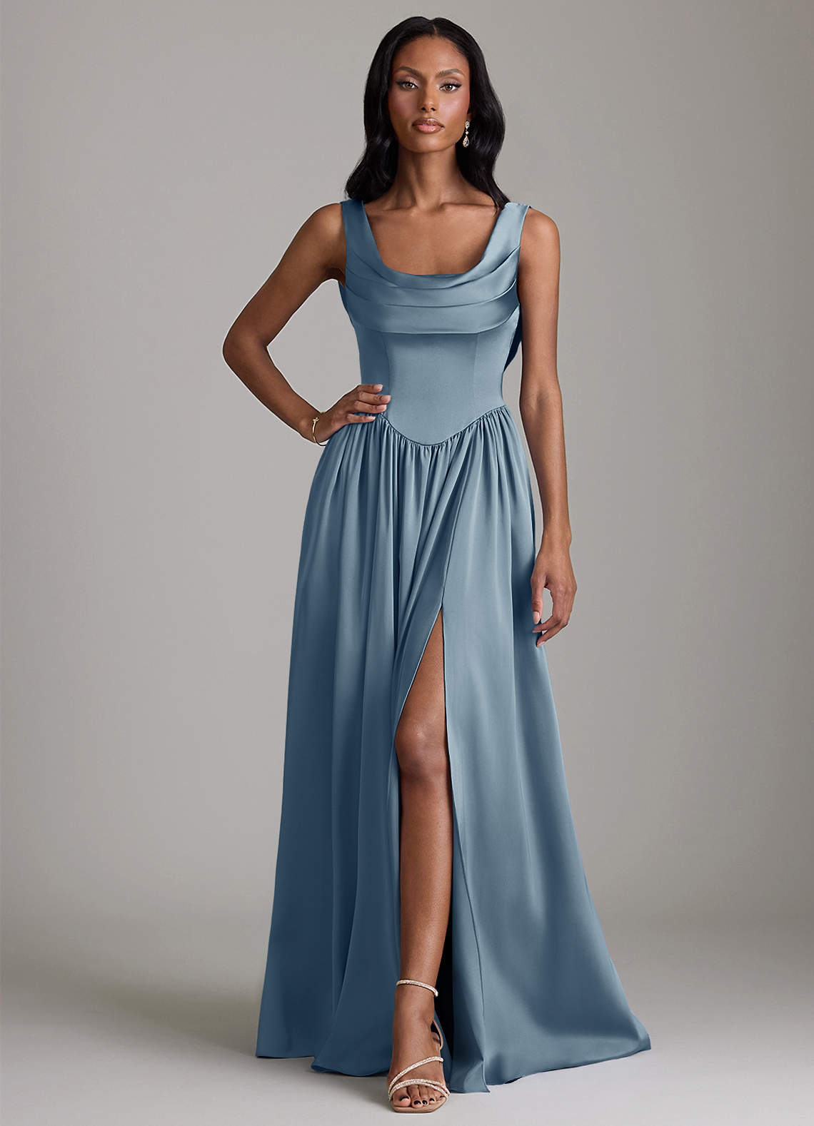 Azazie Novi Dusty Blue Stretch Satin Bridesmaid Dresses