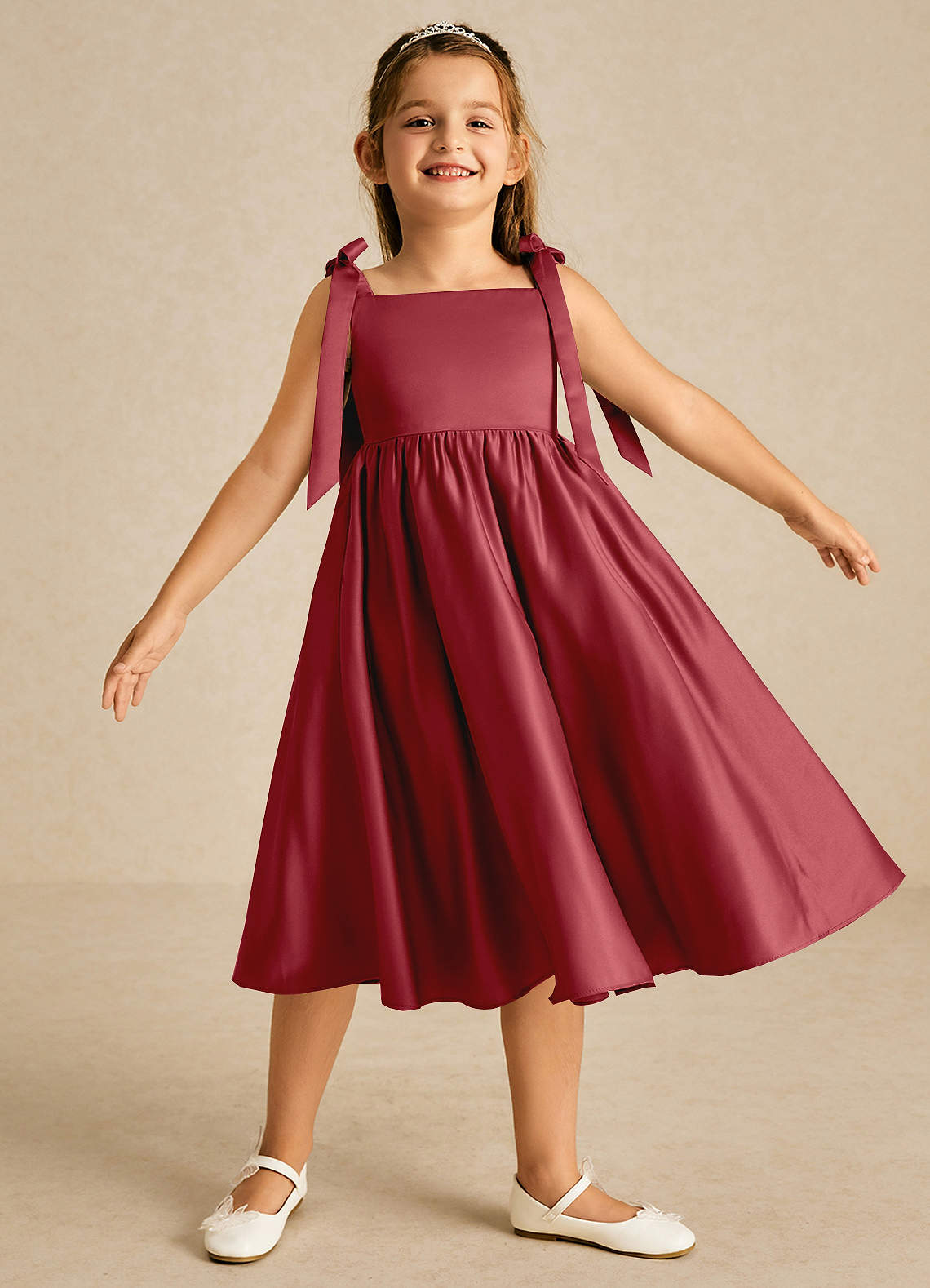 Azazie Chelsie Flower Girl Dresses Pomegranate A-Line Bow Matte Satin Dress image1