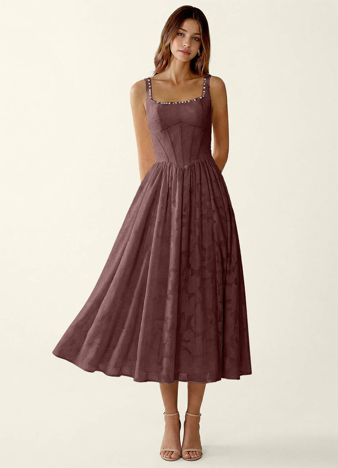 Ottavia Mocha Coco Jacquard Midi A-line Graduation Dress | Azazie