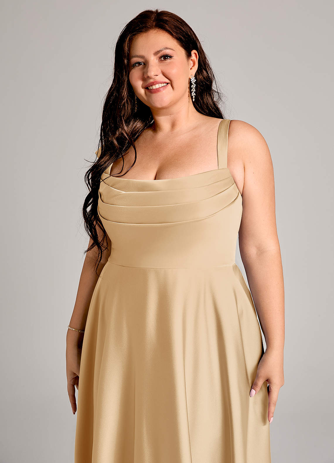 Azazie Plus Size A-Line Square Neck Floor-Length Stretch Satin Bridesmaid Dresses - Gold Azazie Plus Size A-Line Square Neck Floor-Length Stretch Satin Bridesmaid Dresses - Gold