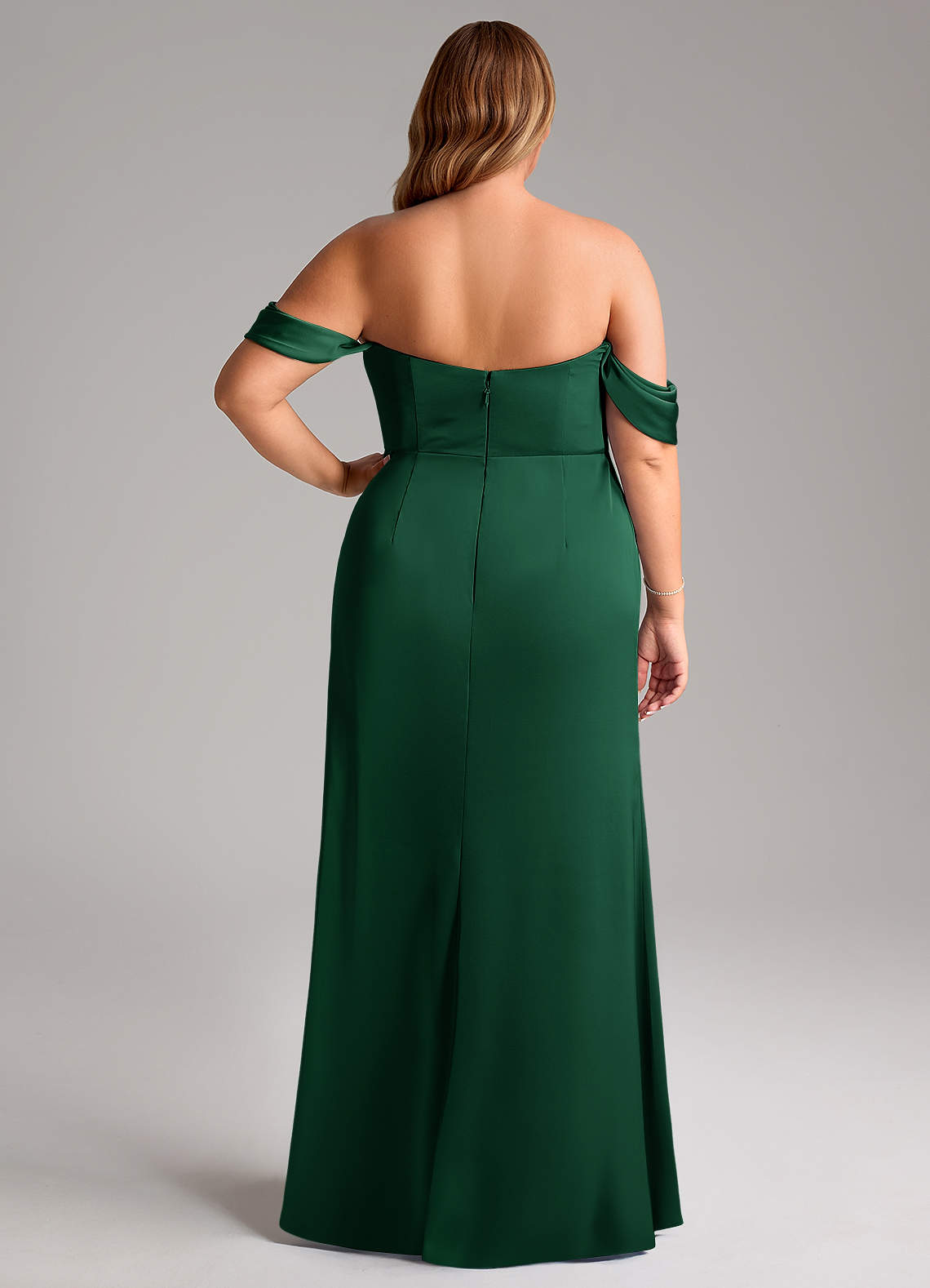 Azazie Saige Bridesmaid Dresses Dark Green Sheath Off the Shoulder Stretch Satin Dress image11