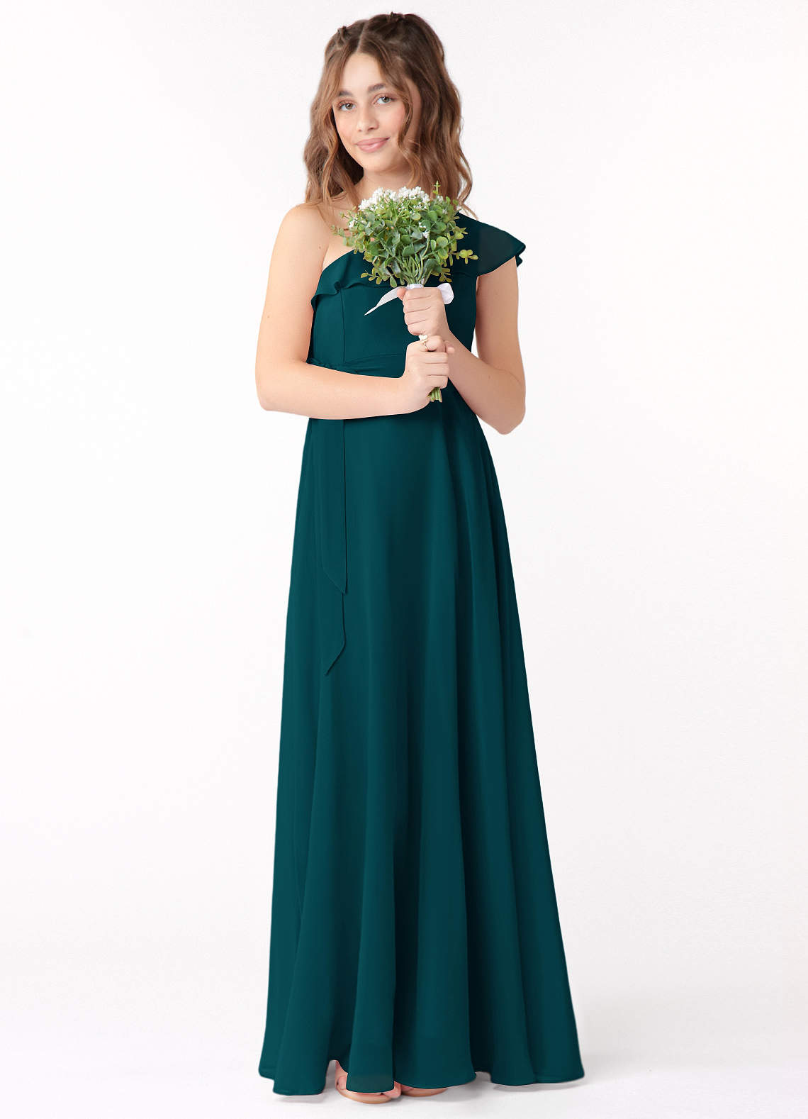 Azazie Eletta Junior Agave A-Line Ruched Chiffon Dress image1