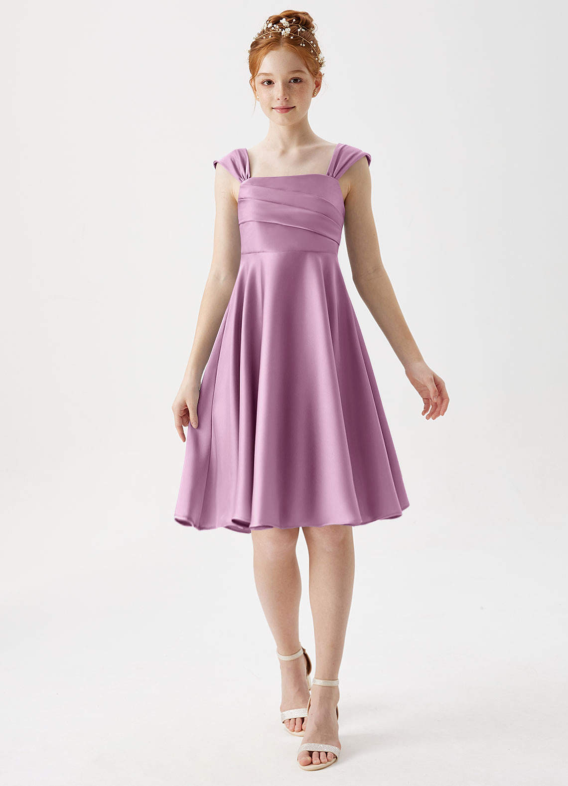 Azazie Amira Junior Wisteria A-Line Pleated Stretch Satin Dress image1