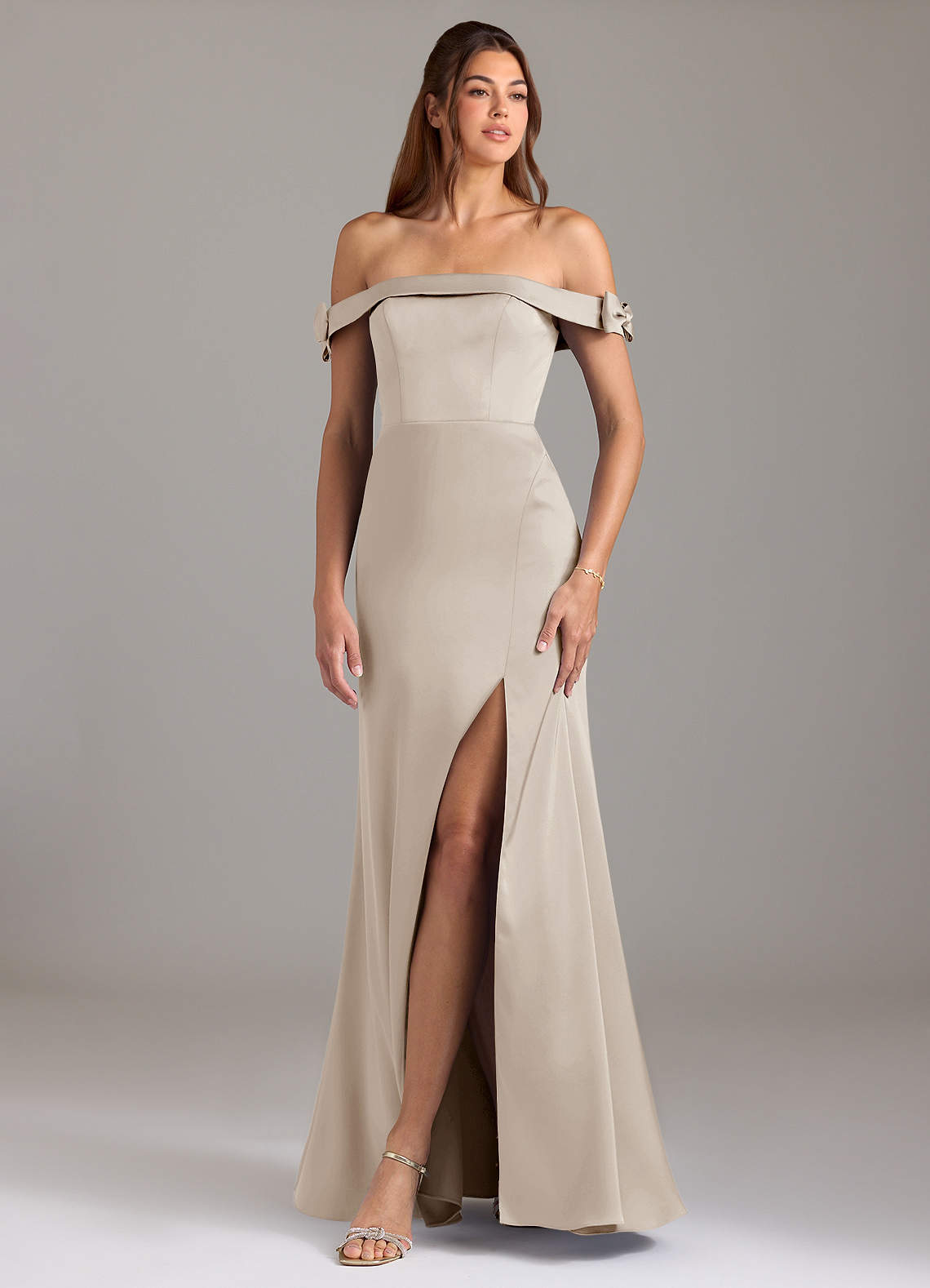 Azazie Zayla Bridesmaid Dresses Frost A-Line Off the Shoulder Stretch Satin Convertible Dress image1