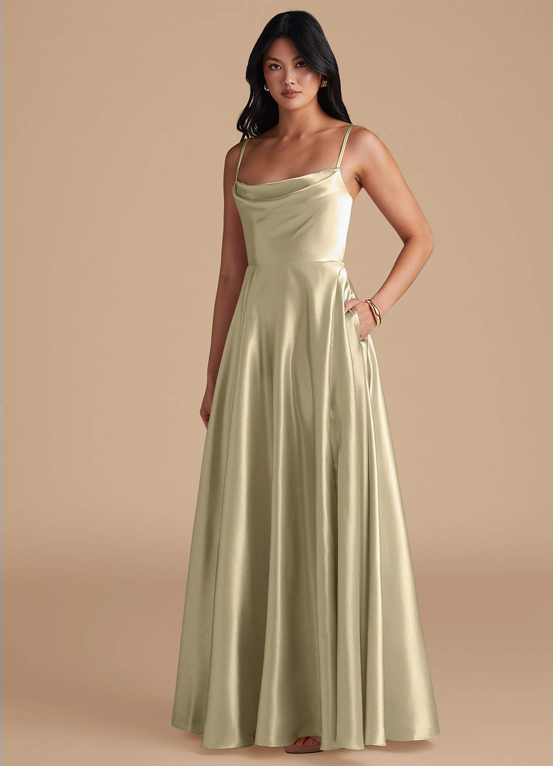 Azazie Elle Bridesmaid Dresses Moss Green A-Line with Pockets Metallic Satin Dress image1