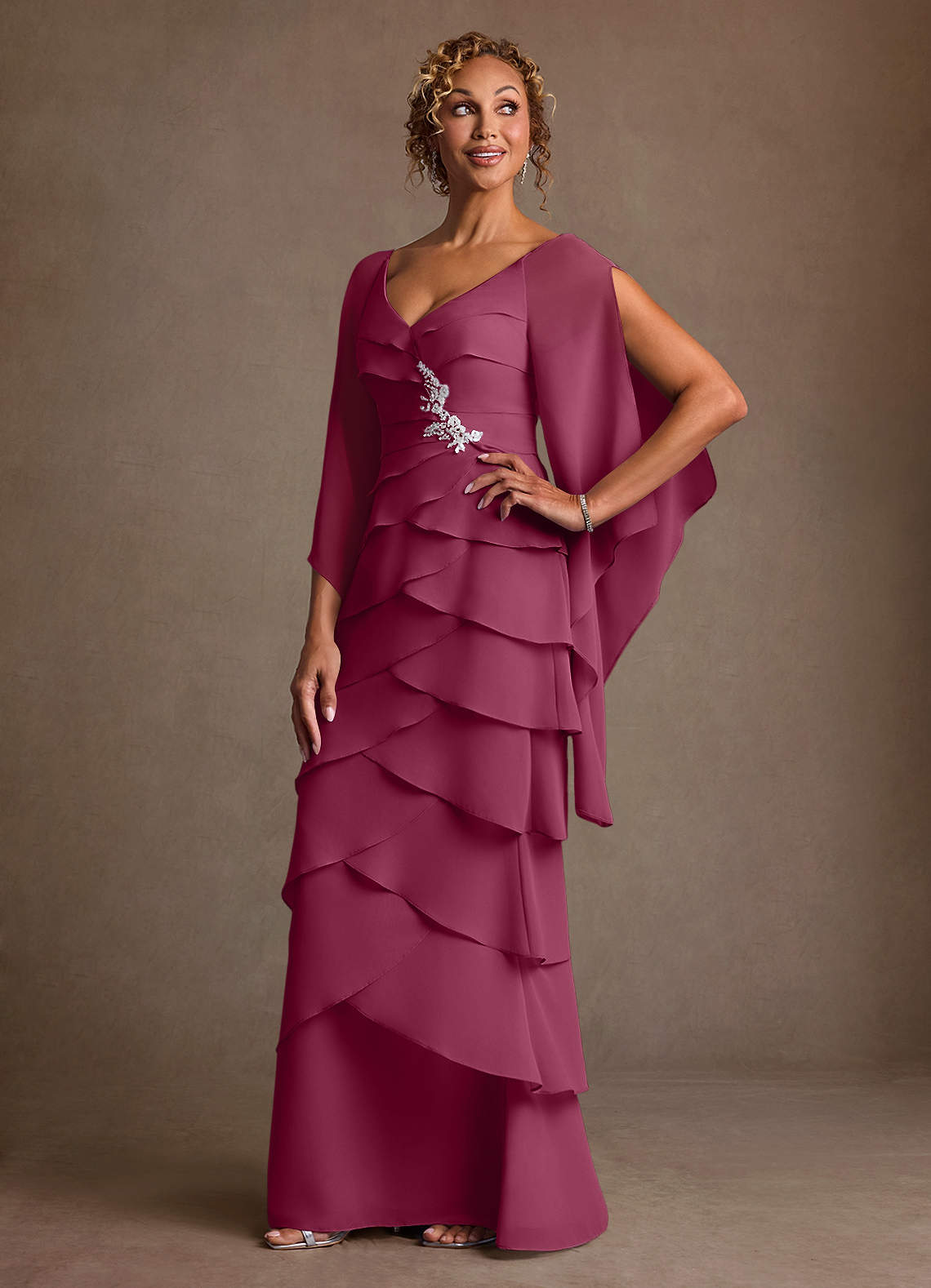 Azazie Arabinda Mulberry Sheath Ruched Chiffon Dress Ready to Ship