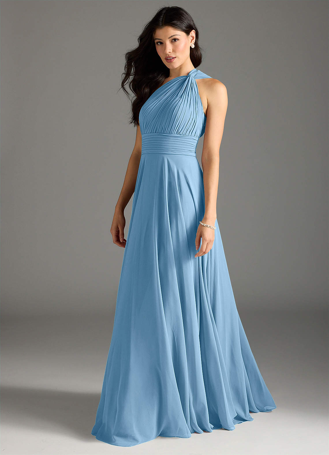 Azazie Charlize Abiti da Damigella Abito A-Line in Chiffon Monospalla Blu Acciaio image3