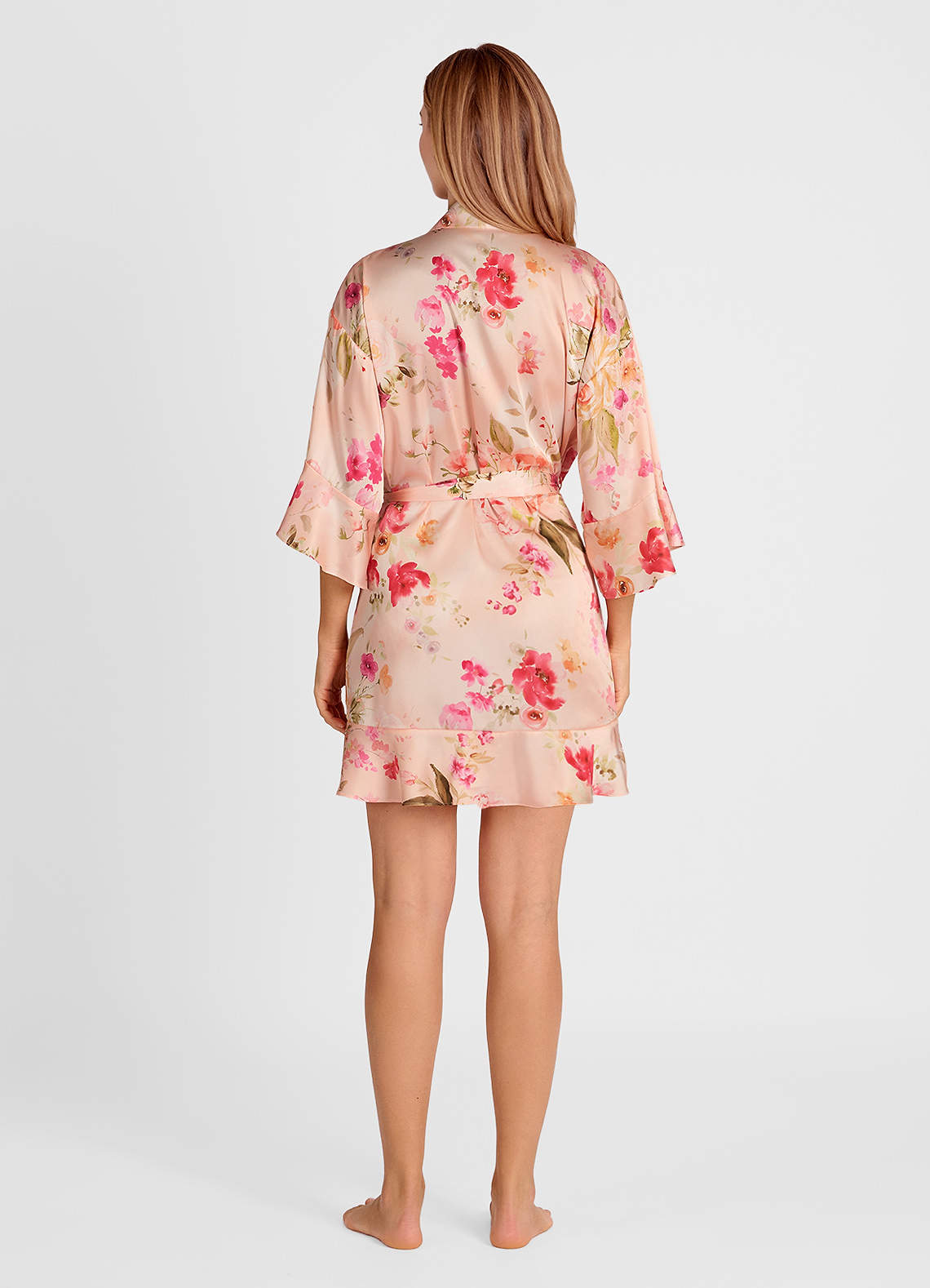 front Ruffled Printed Satin Bathrobe