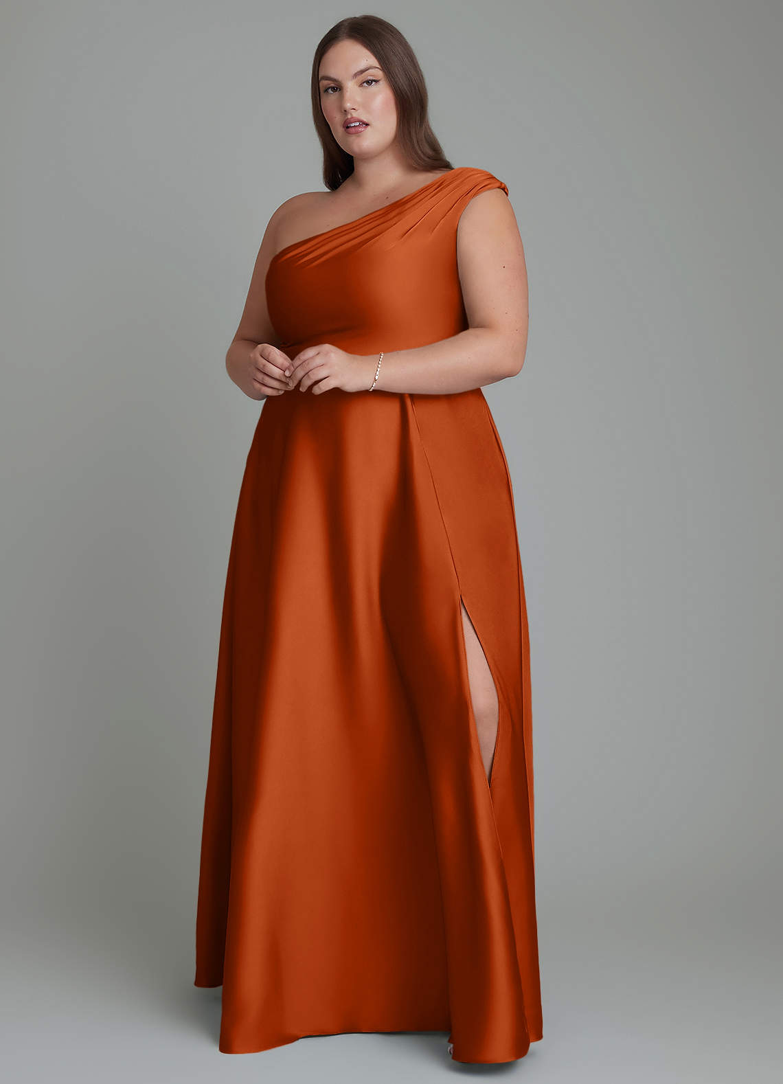Azazie Melanie Bridesmaid Dresses Burnt Orange A-Line Off the Shoulder Stretch Satin Dress image1