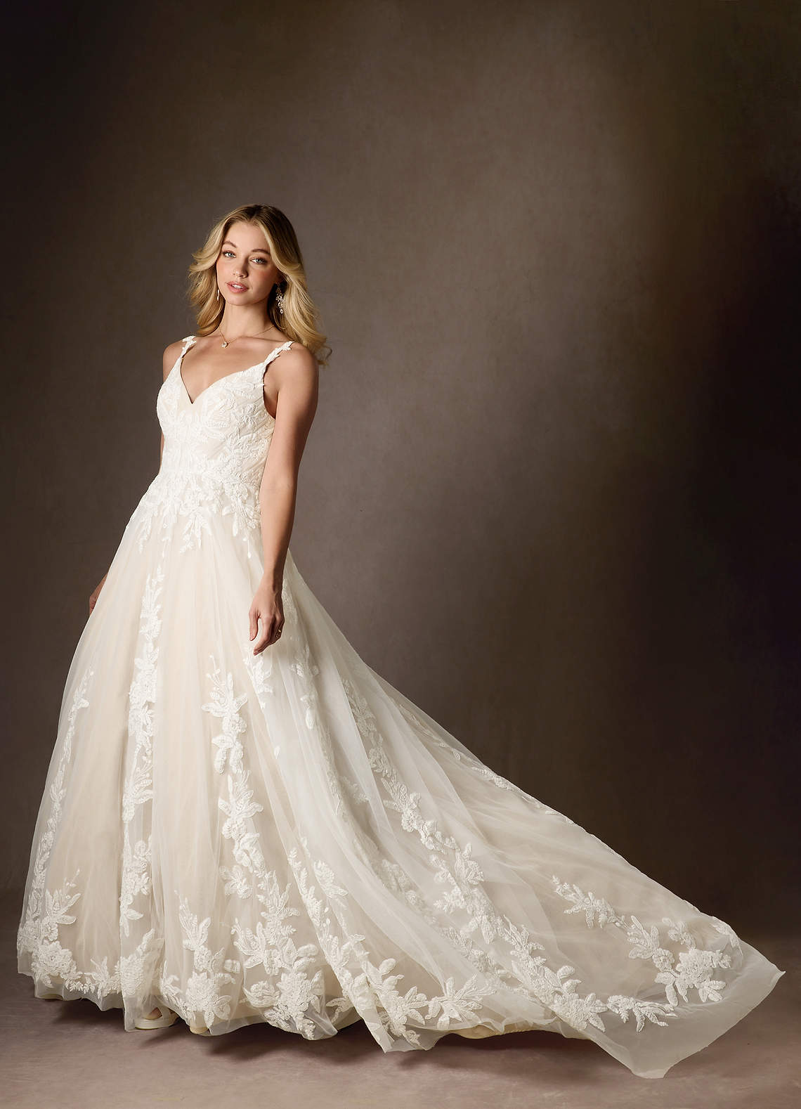 Azazie Delaina Wedding Dresses Diamond White Champagne A-Line V-Neck Sequins Tulle Dress image5
