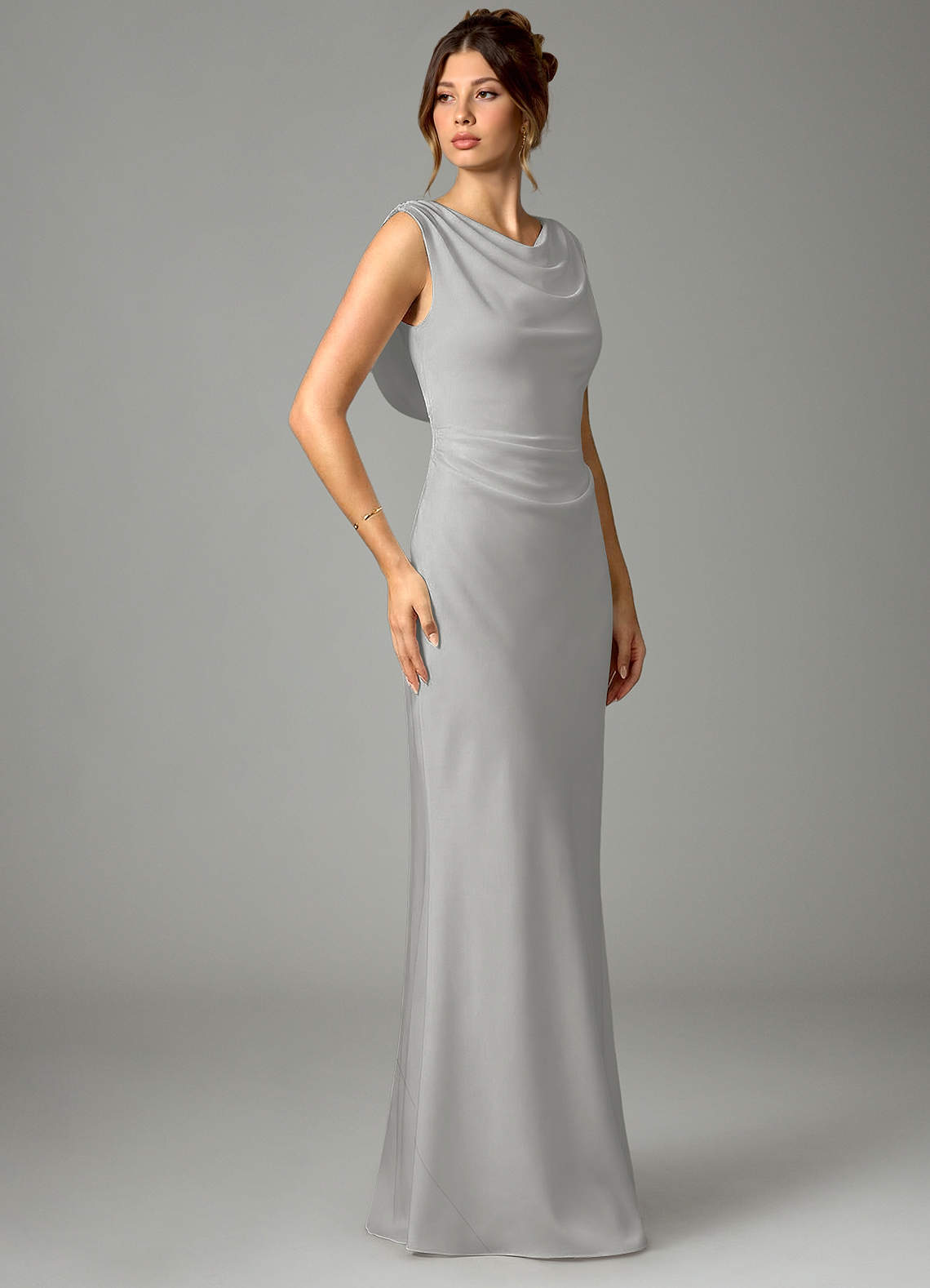 Azazie Kieryn Bridesmaid Dresses Silver Mermaid Pleated Stretch Satin Dress image2