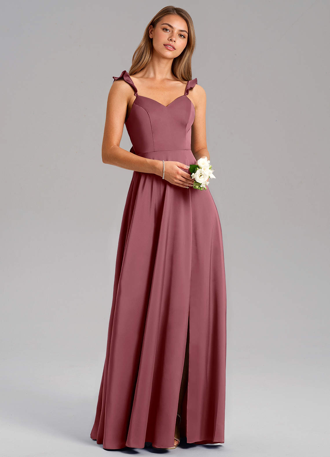 Azazie Everett Bridesmaid Dresses Desert Rose A-Line Stretch Satin Dress image1