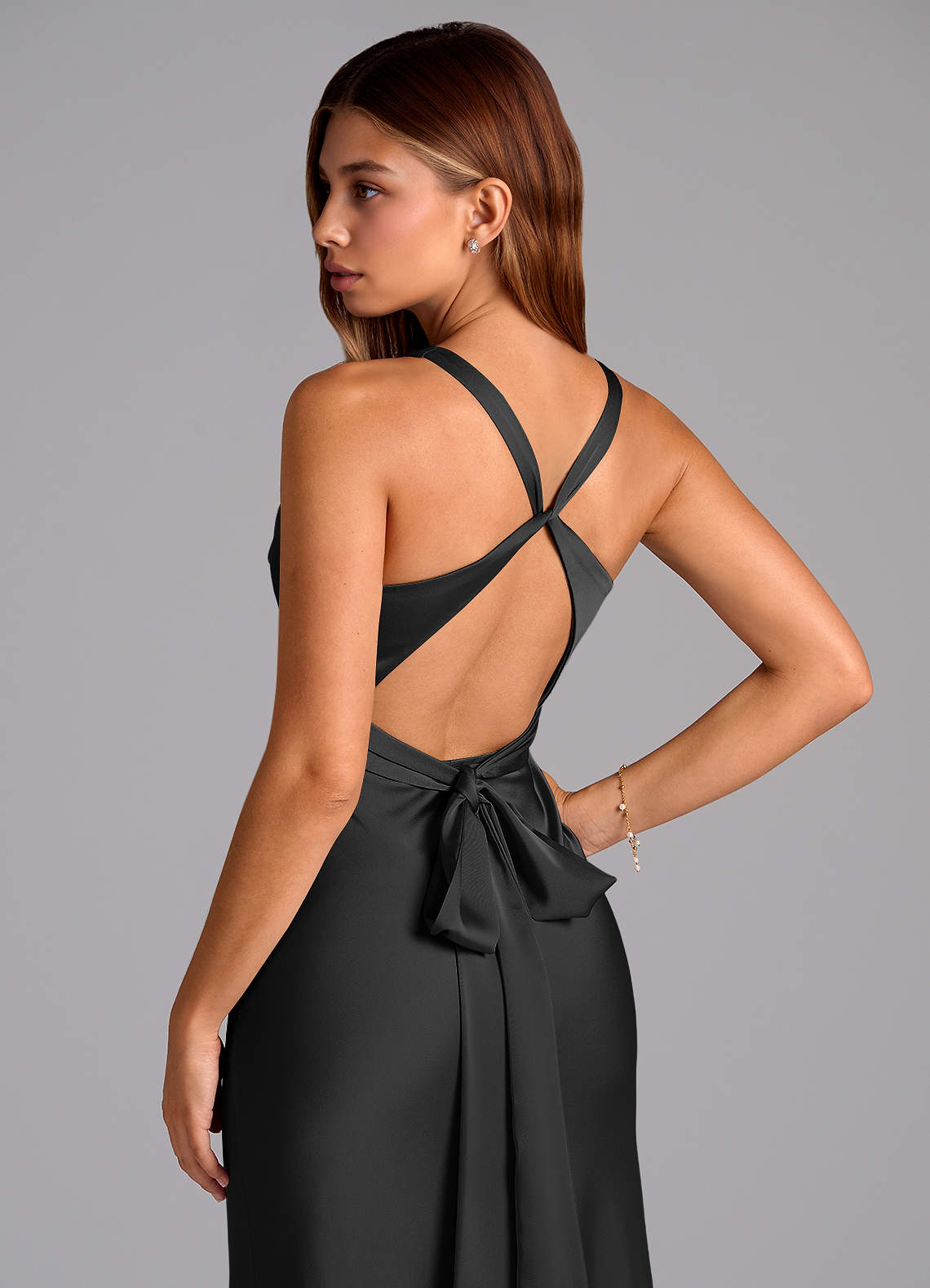 Azazie Mermaid V-Neck Floor-Length Stretch Satin Bridesmaid Dresses - Black