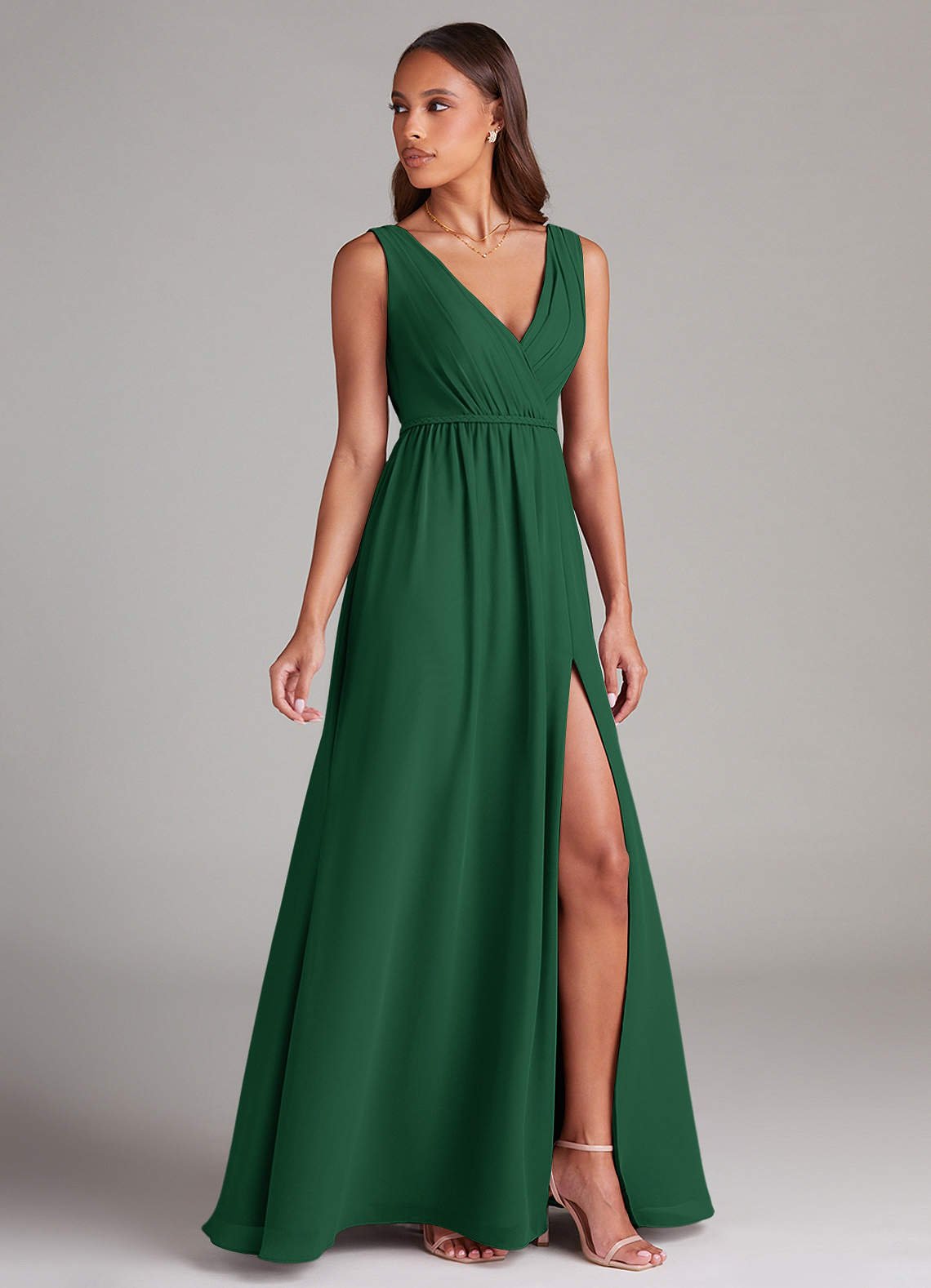 Azazie Tanicia Bridesmaid Dresses Dark Green A-Line Pleated Chiffon Dress image2