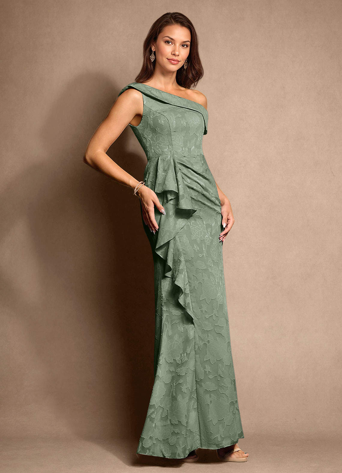 Azazie Hamptons vestidos de madre de la novia Vestido de Matcha de Devorado Floral de Corte En A con Plisado image3