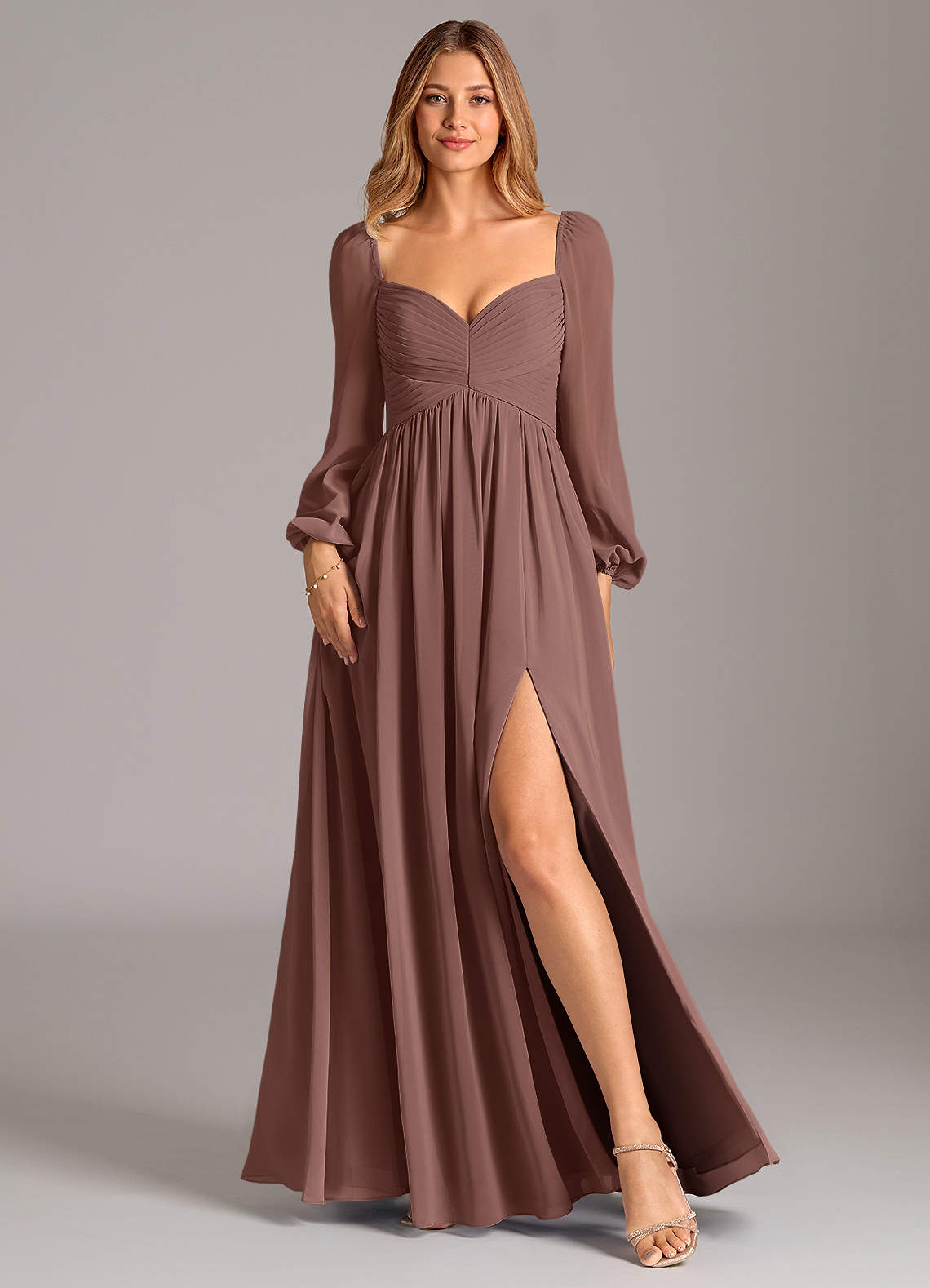 Azazie Bailee Bridesmaid Dresses Espresso A-Line Long Sleeve Chiffon Dress image1