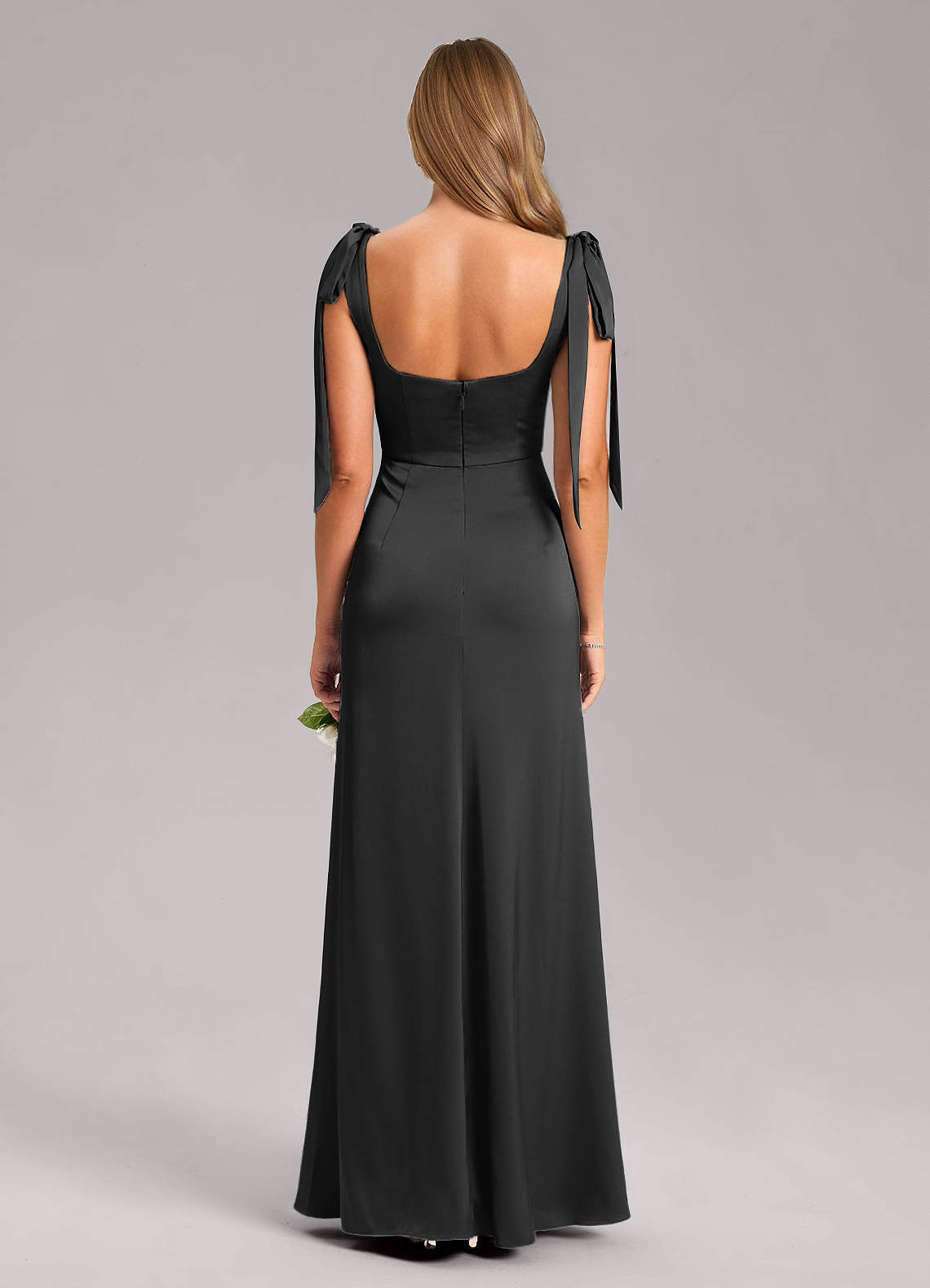 Azazie Frostine Bridesmaid Dresses Black A-Line Bow Stretch Satin Dress image7