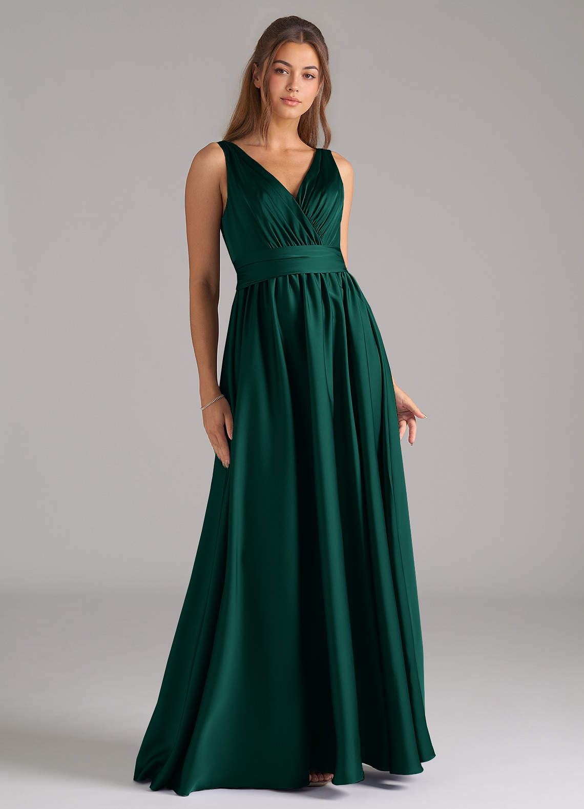 Azazie Kora Bridesmaid Dresses Emerald A-Line Pleated Stretch Satin Dress image1