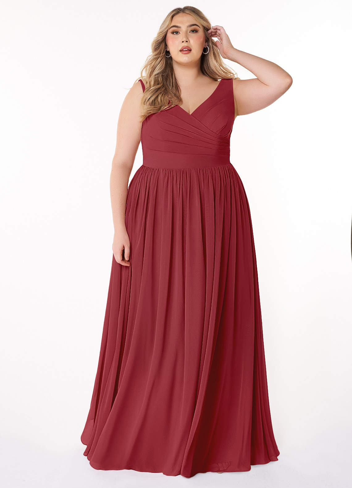 Azazie Keyla Bridesmaid Dresses Pomegranate A-Line V-Neck Pleated Chiffon Dress image1