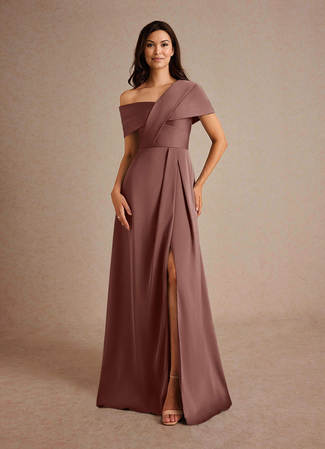 Azazie Milton Mother of the Bride Dresses Espresso A-Line Pleated Stretch Satin Dress image4