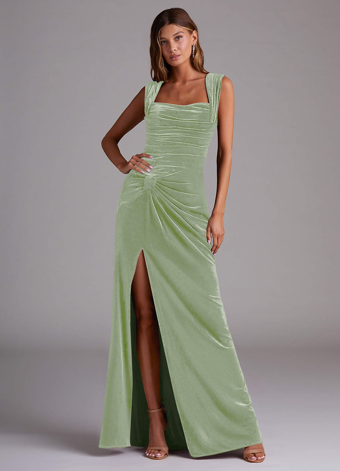 Azazie Genesis Bridesmaid Dresses Dusty Sage Sheath Pleated Velvet Dress image1