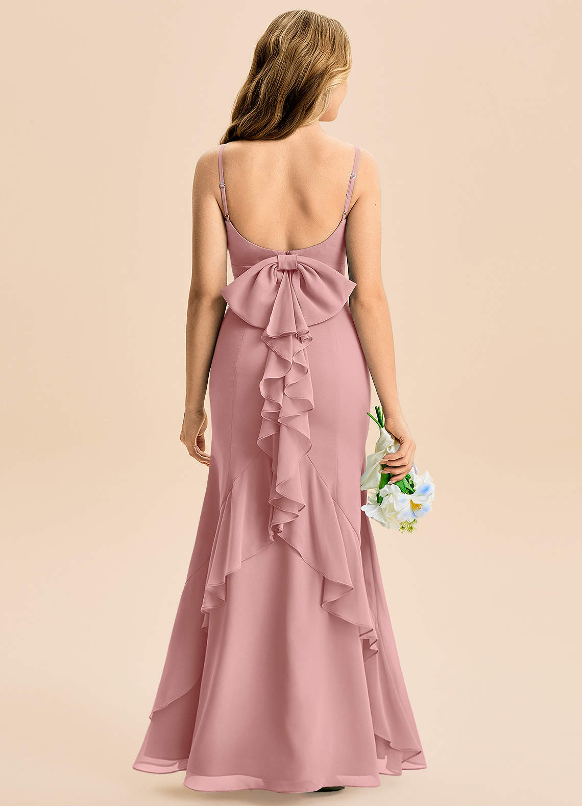 Azazie Lioren Junior Abito Sirena in Chiffon Fiocco Rosa Polverosa image4