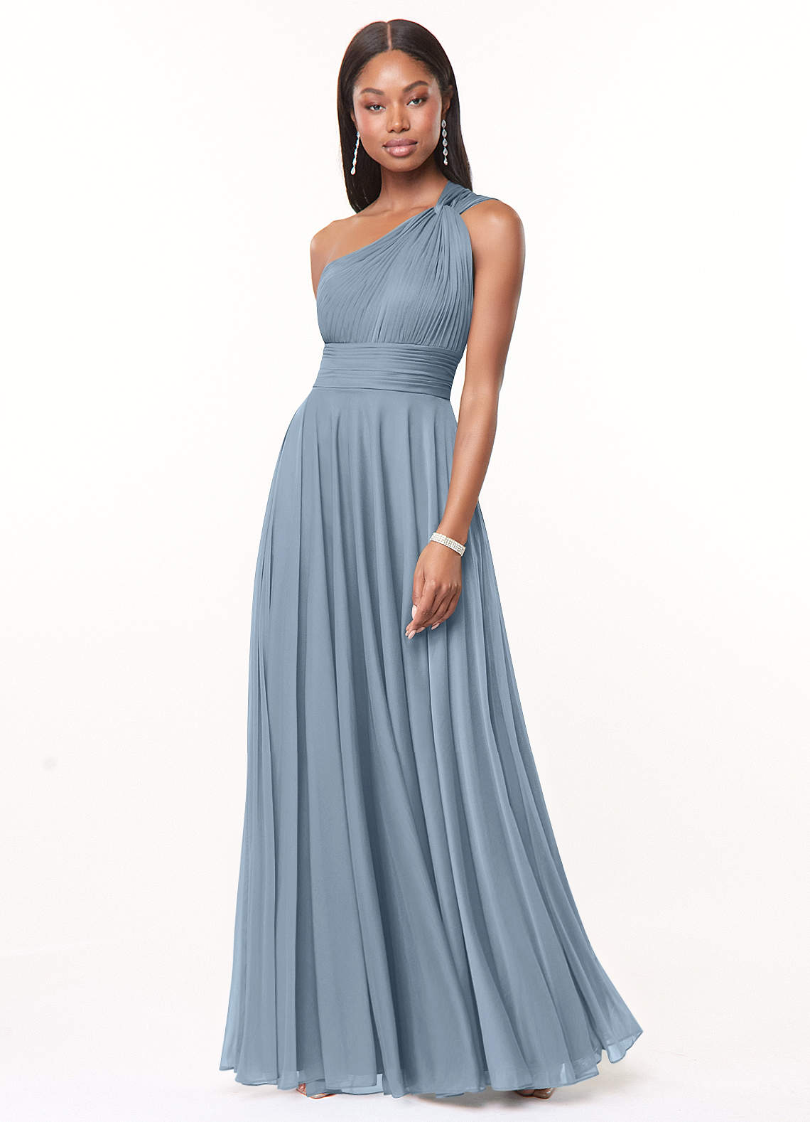 one-shoulder mesh bridesmaid dress with full skirt Azazie Charlize Ready to Ship Dusty Blue Dresses Size:EU 42 theres a shade for N/A Mesh Long Sleeve Mini