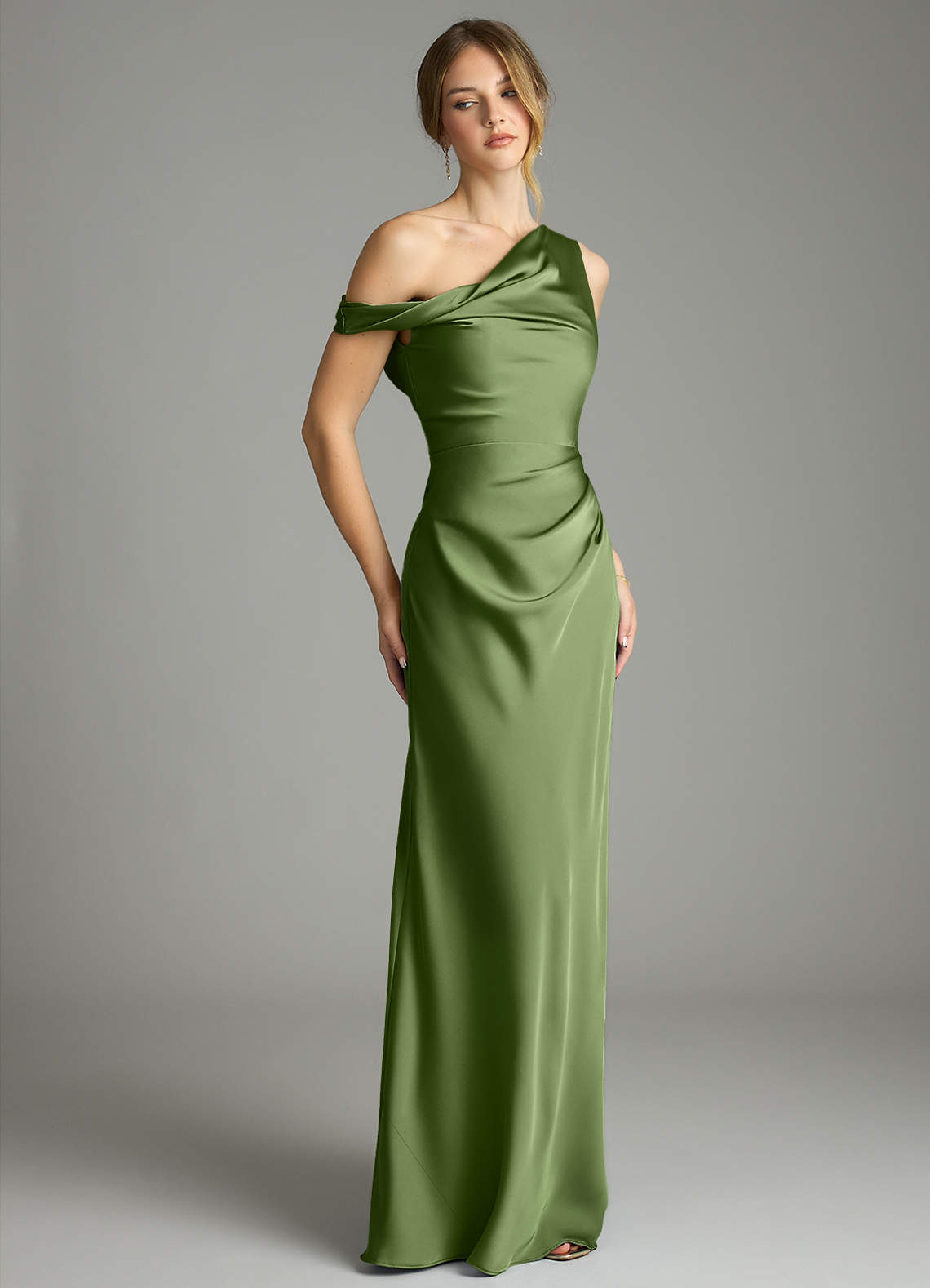 Azazie Mermaid Off-The-Shoulder Floor-Length Stretch Satin Bridesmaid Dresses - Juniper