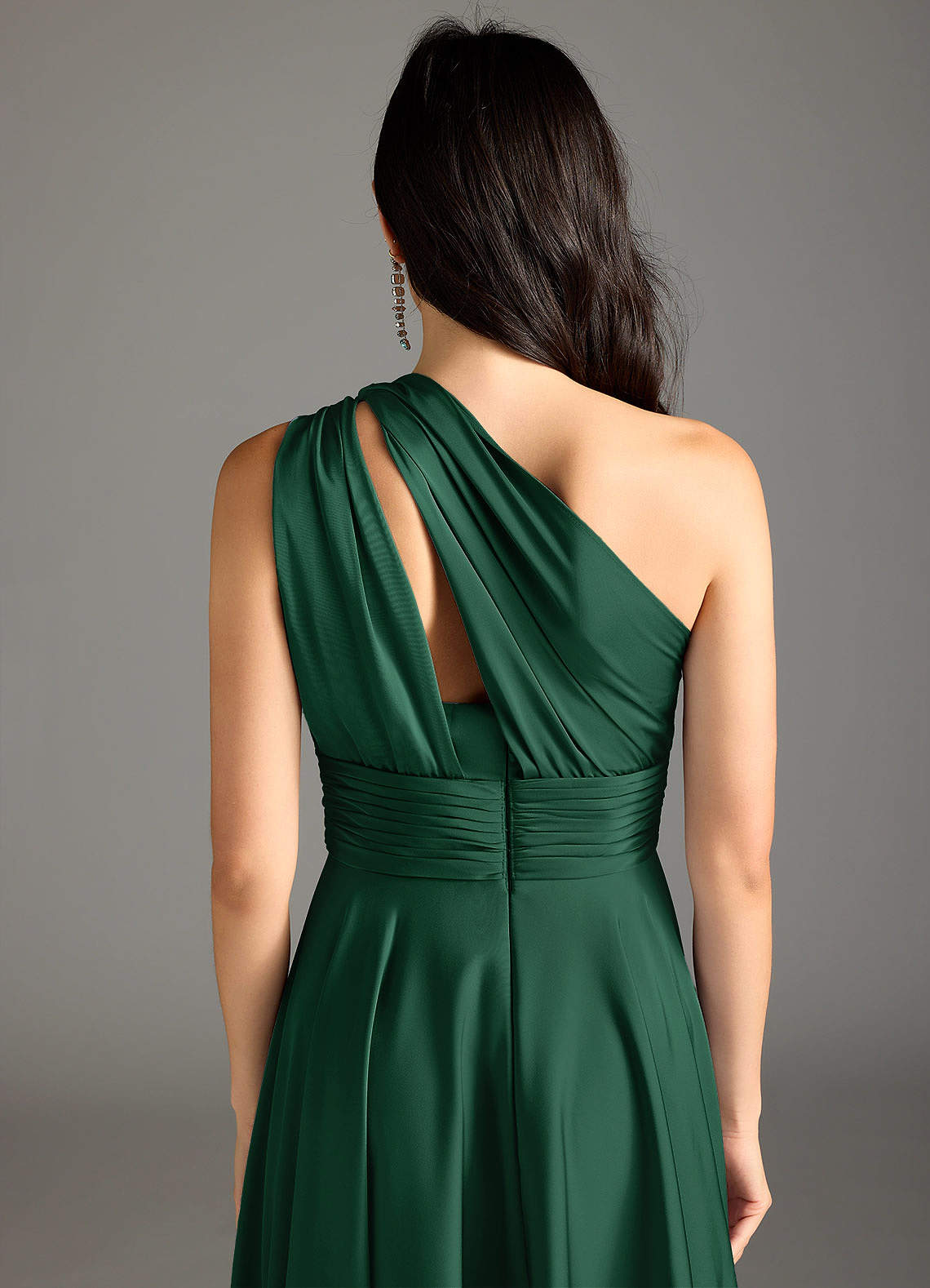 Azazie Charlize Bridesmaid Dresses Dark Green A-Line One Shoulder Stretch Satin Dress image7