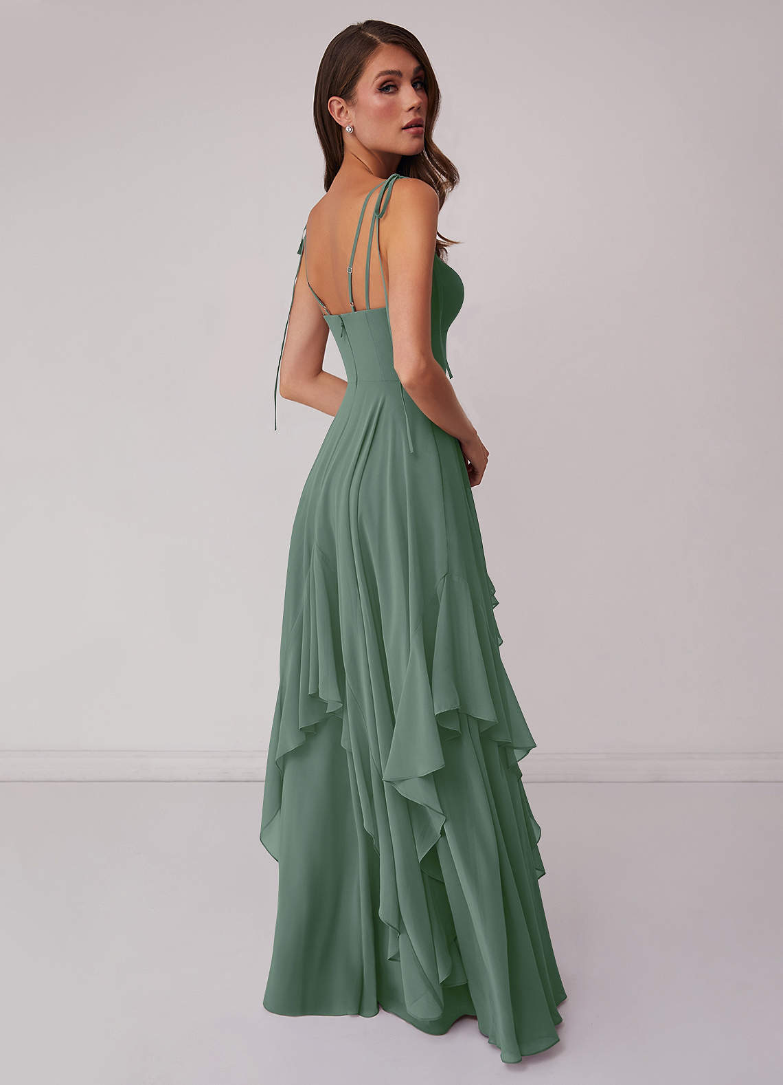 Eucalyptus A Line Tiered Ruffled Long Bridesmaid Dress With Lace