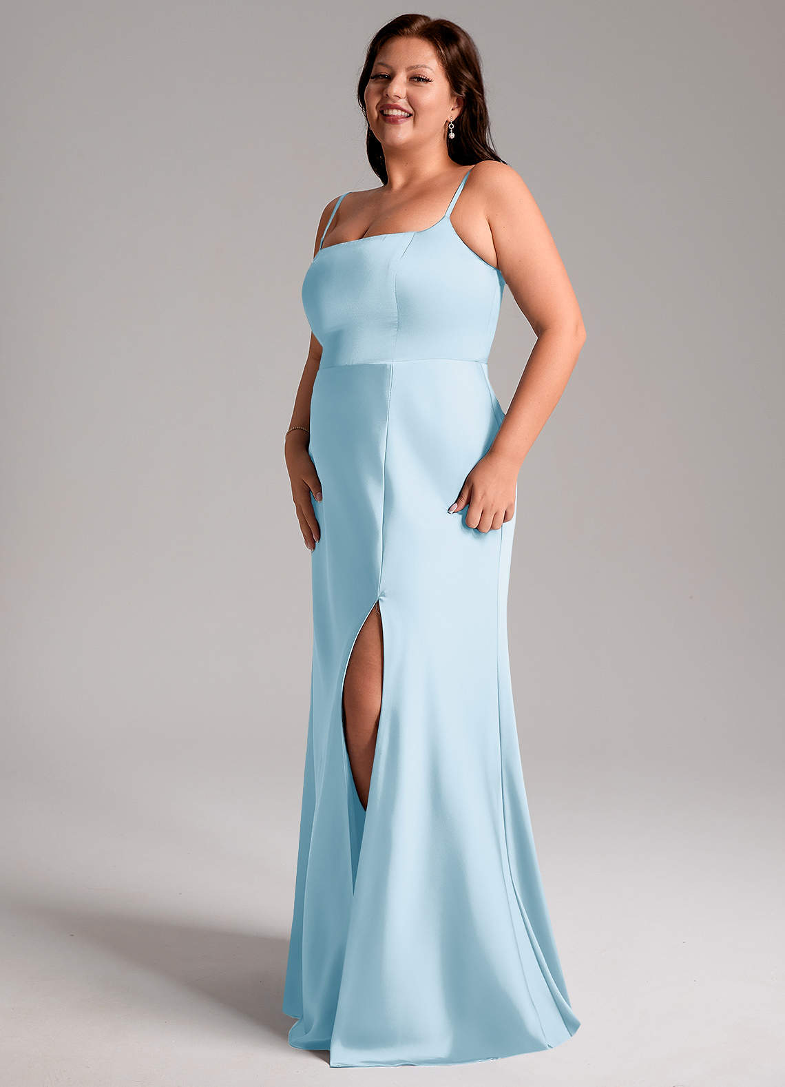 Azazie Lidia Bridesmaid Dresses Sky Blue Mermaid Side Slit Stretch Satin Dress image3