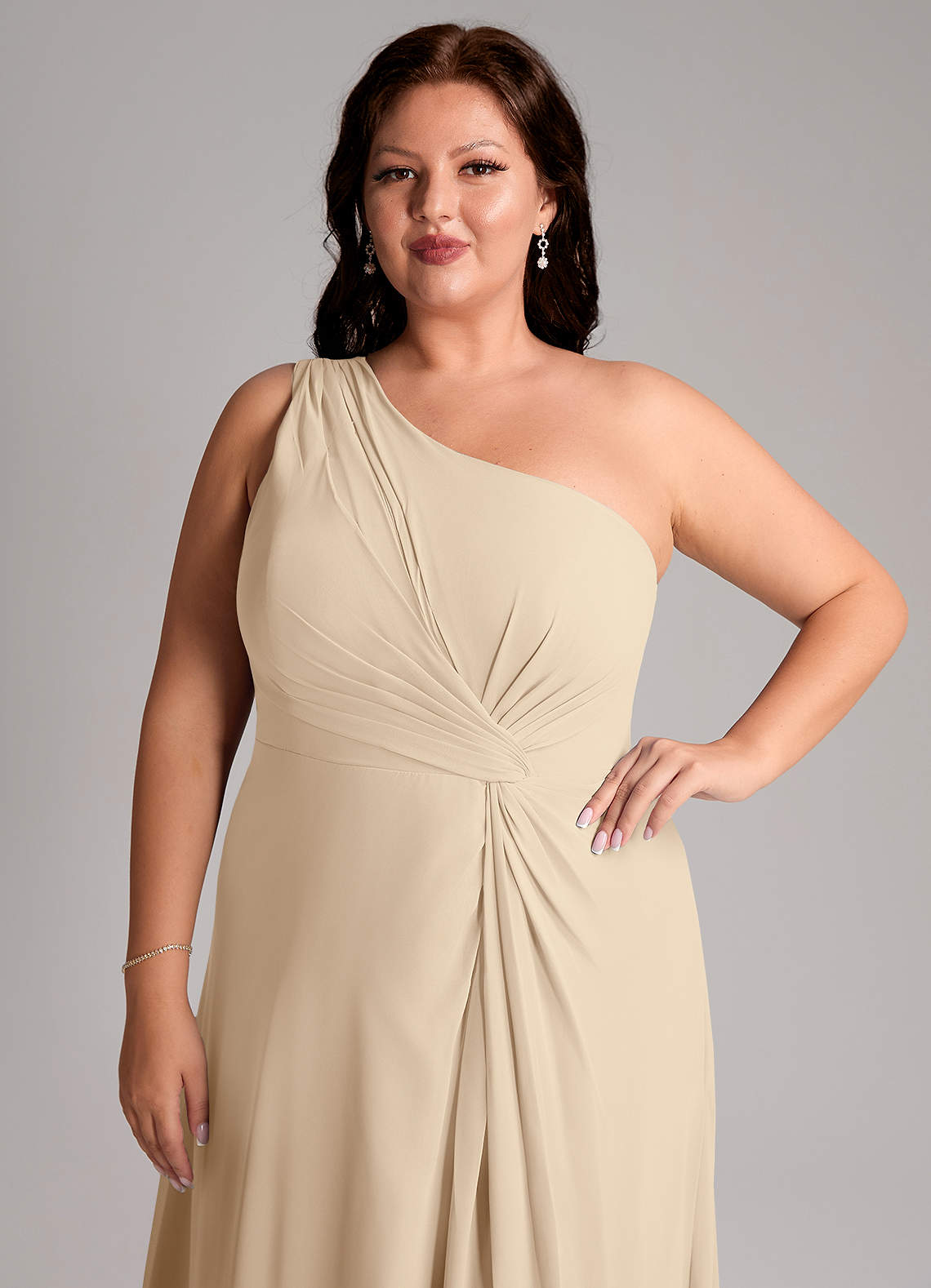 Azazie Brooke Bridesmaid Dresses Champagne A-Line One Shoulder Chiffon Dress image13