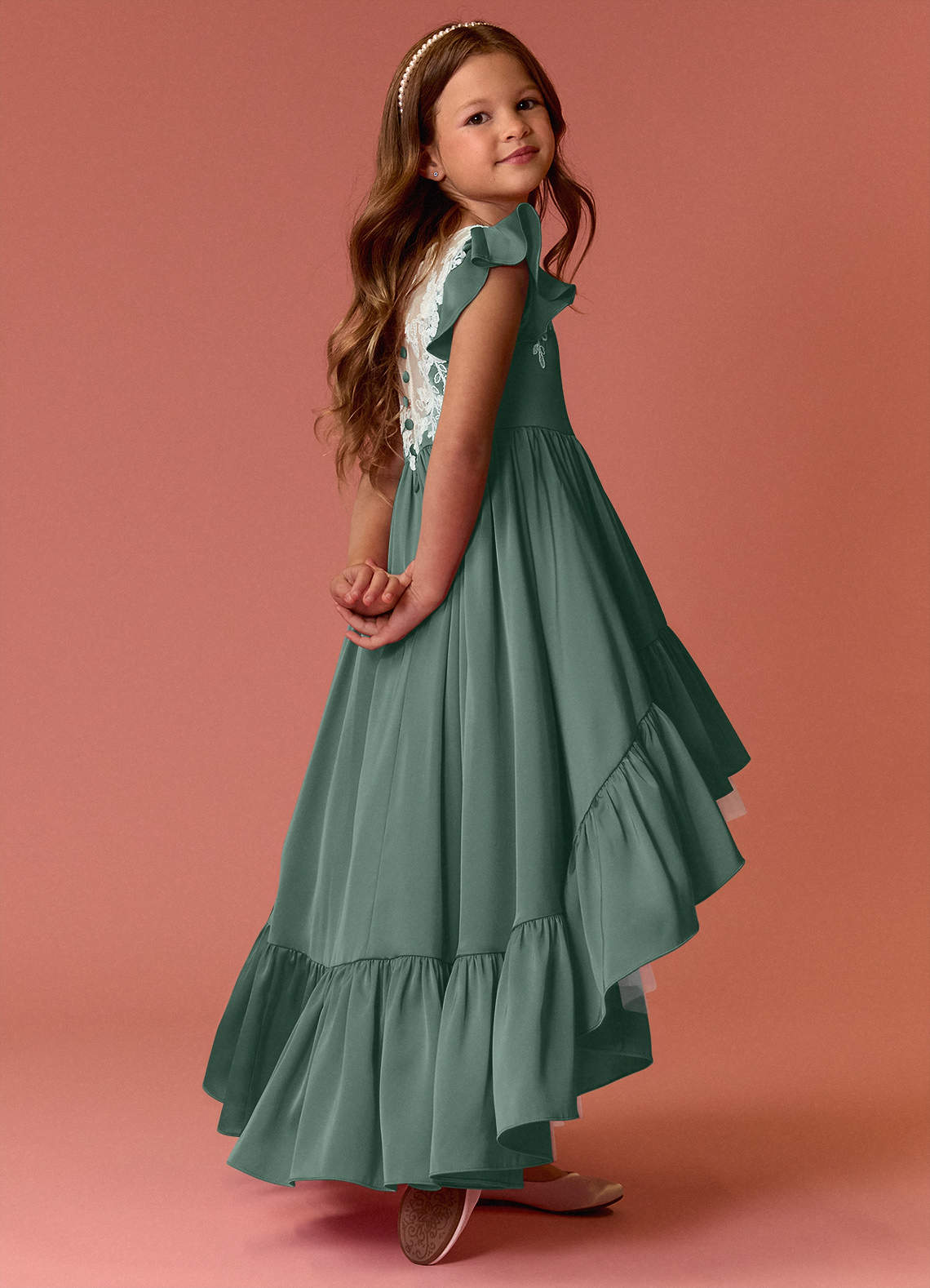Barbie ♥ Azazie Flower Girl Dresses High Low Lace and Stretch Satin A-line Dress image4