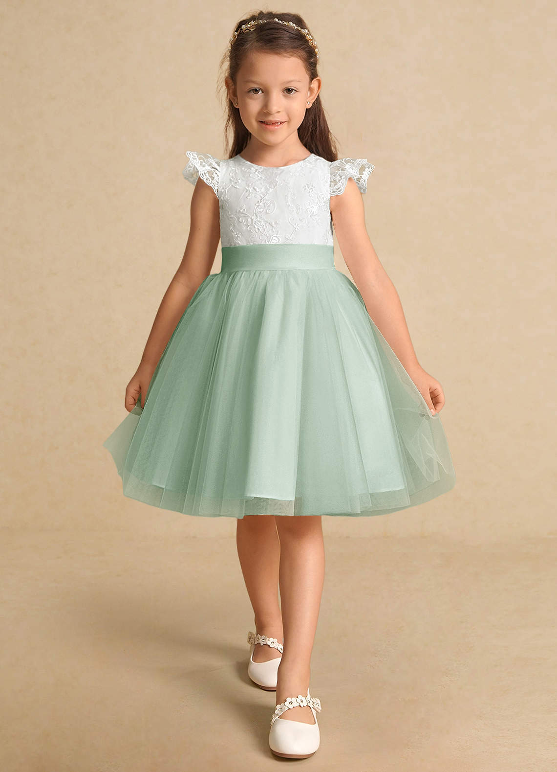 Azazie Vetty Flower Girl Dresses Ivory Agave A-Line Lace Tulle Dress image5