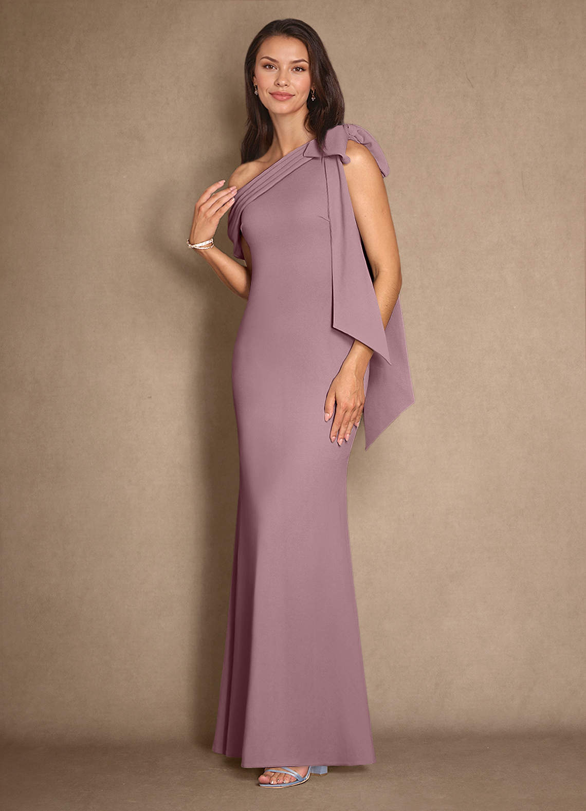 Azazie Myers Mother of the Bride Dresses Dusty Rose Mermaid Pleated Stretch Crepe Dress image3