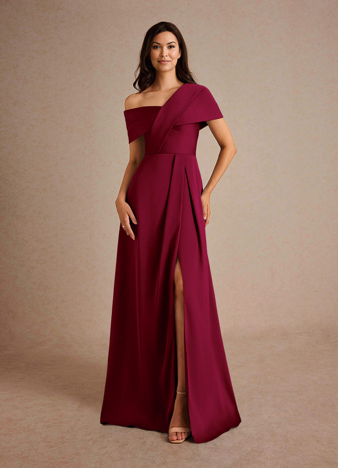 Azazie Milton Mother of the Bride Dresses Burgundy A-Line Pleated Stretch Satin Dress image4