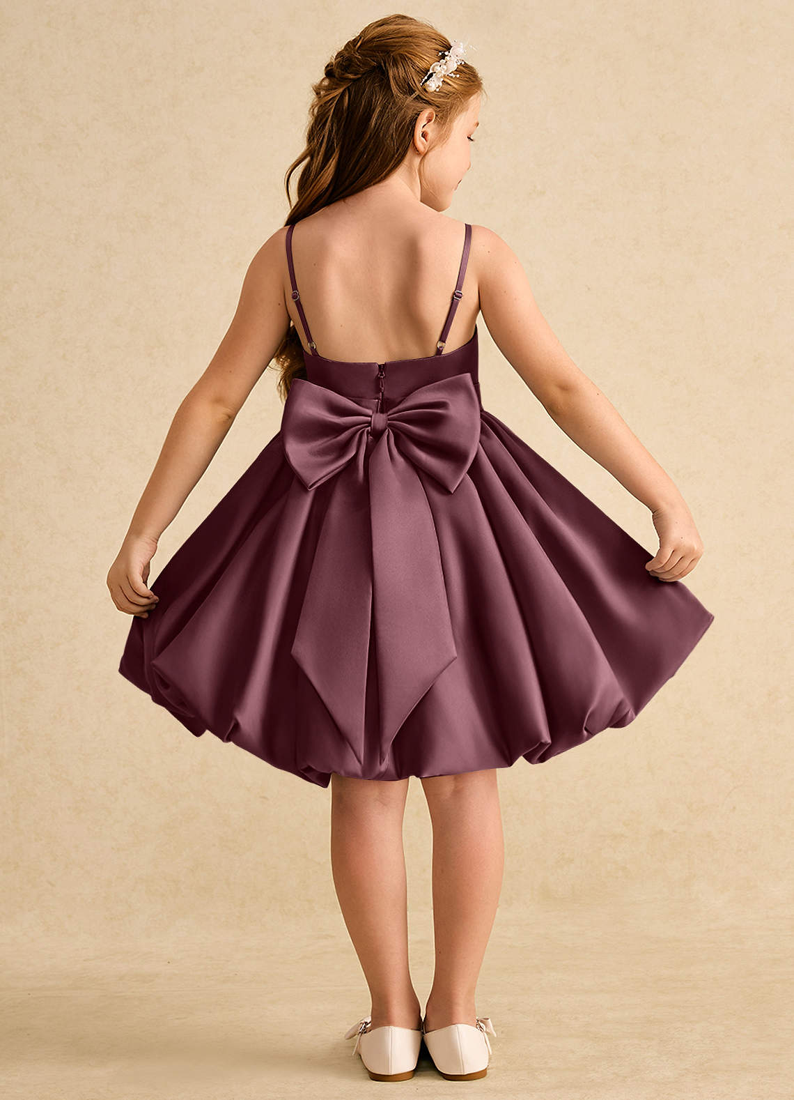 Azazie Davine vestidos de niña de las flores Vestido de Sangrado de Satin Mate de Corte En A con Tirante Espagueti image1